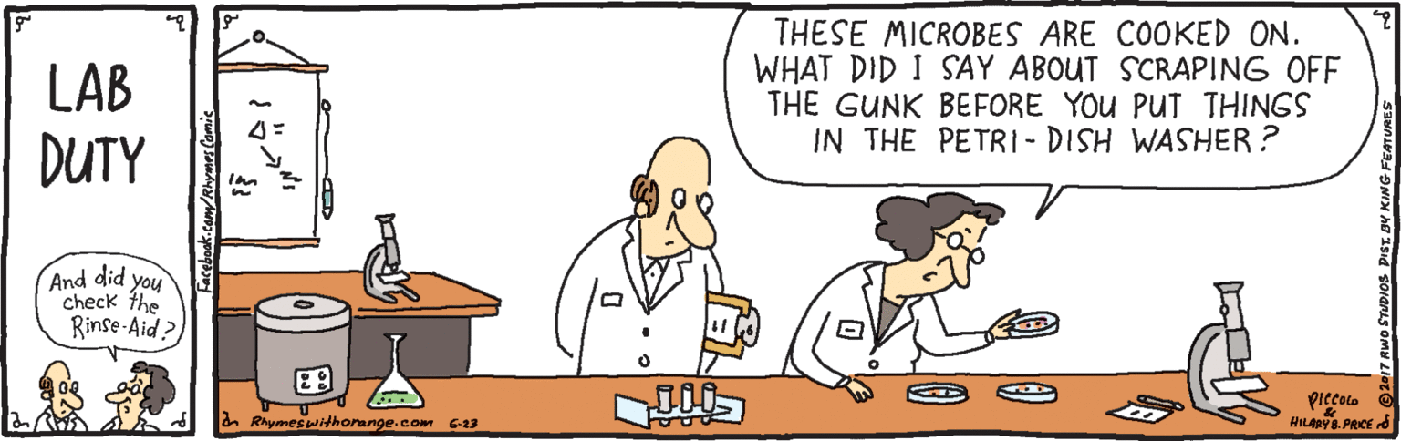 Illustration OCR: LAB DUTY THESE MICROBES ARE COOKED ON. WHAT DID I SAY ABOUT SCRAPING OFF THE GUNK BEFORE YOU PUT THINGS IN THE PETRI-DISH WASHER ? And did you check the Rinse-Aid? piecolo O HILABYa. PRICE d a Rhymeswithorange.com G-23 LAB DUTY THESE MICROBES ARE COOKED ON. WHAT DID I SAY ABOUT SCRAPING OFF THE GUNK BEFORE YOU PUT THINGS IN THE PETRI-DISH WASHER ? And did you check the Rinse-Aid? piecolo O HILABYa. PRICE d a Rhymeswithorange.com G-23