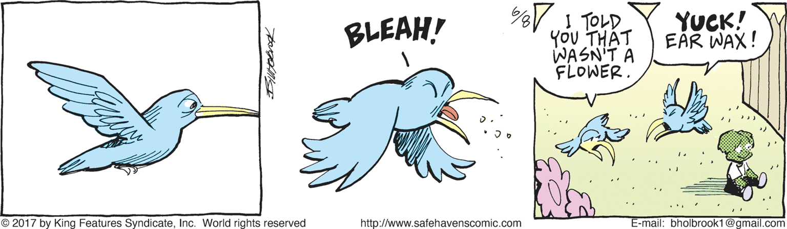 Wing OCR: 1 TOLD You THAT WASN'T A FLOWER. YUCK! EÅR WAX! BLEAH! ... .. © 2017 by King Features SyndicateInc. World rights reserved http://www.safehavenscomic.com E-mail: bholbrook1@gmail.com 1 TOLD You THAT WASN'T A FLOWER. YUCK! EÅR WAX! BLEAH! ... .. © 2017 by King Features SyndicateInc. World rights reserved http://www.safehavenscomic.com E-mail: bholbrook1@gmail.com
