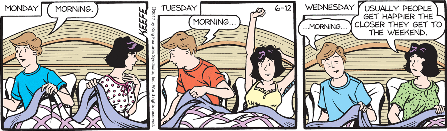 Illustration OCR: MONDAY TUESDAY 6-12 WEDNESDAY USUALLY PEOPLE GET HAPPIER THE CLOSER THEY GET TO THE WEEKEND. MORNING. MORNING... ..MORNING... KEEFE MONDAY TUESDAY 6-12 WEDNESDAY USUALLY PEOPLE GET HAPPIER THE CLOSER THEY GET TO THE WEEKEND. MORNING. MORNING... ..MORNING... KEEFE