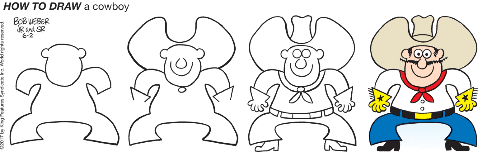 Artwork OCR: HOW TO DRAW a cowboy BOB WEBER JR and SR 6-2 HOW TO DRAW a cowboy BOB WEBER JR and SR 6-2