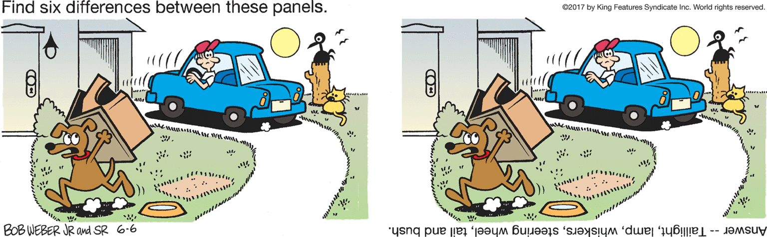 Motor vehicle OCR: C2017 by King Features Syndicate Inc. World rights reserved. Find six differences between these panels. ?? ? ? Answer -- Taillighttail and bush. BOB WEBER JR and SR 6-6 ?? C2017 by King Features Syndicate Inc. World rights reserved. Find six differences between these panels. ? ? ? ? Answer -- Taillightsteering wheeltail and bush. BOB WEBER JR and SR 6-6 ?