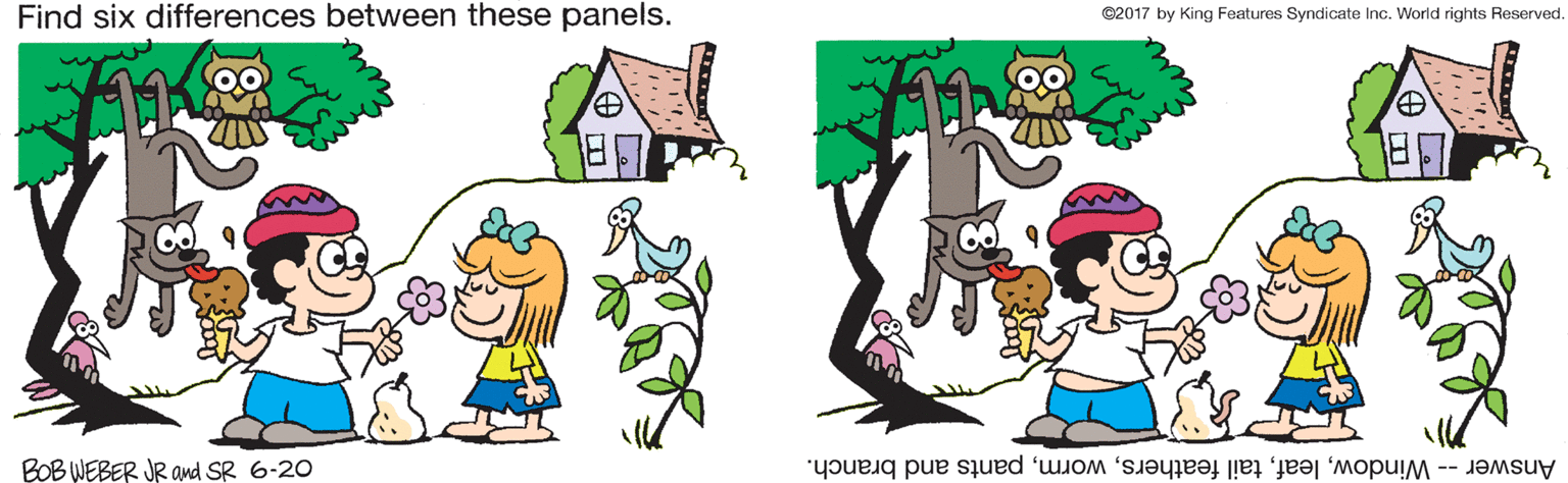 Font OCR: Find six differences between these panels. ©2017 by King Features Syndicate Inc. World rights Reserved. BOB WEBER JR and SR 6-20 Answer -- Windowpants and branch. Find six differences between these panels. ©2017 by King Features Syndicate Inc. World rights Reserved. BOB WEBER JR and SR 6-20 Answer -- Windowtail featherspants and branch.
