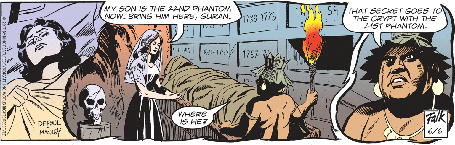 Illustration OCR: MY SON IS THE 22ND PHANTOM NOW. BRING HIM HEREGURAN. 1735-1775 ING 59/THAT SECRET GOES TO THE CRYPT WITH THE 21ST PHANTOM- K?!-17:5 1757- WHERE IS HE? Falk DEPAUL 6/6 MY SON IS THE 22ND PHANTOM NOW. BRING HIM HEREGURAN. 1735-1775 ING 59/THAT SECRET GOES TO THE CRYPT WITH THE 21ST PHANTOM- K?!-17:5 1757- WHERE IS HE? Falk DEPAUL 6/6