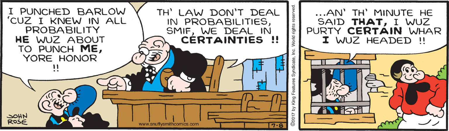 Gesture OCR: I PUNCHED BARLOW 'CUZ I KNEW IN ALL PROBABILITY HE WUZ ABOUT TO PUNCH MEYORE HONOR !! TH' LAW DON'T DEAL IN PROBABILITIESWE DEAL IN CÉRTAINTIES ! ...AN' TH' MINUTE HE SAID THATI WUZ PURTY CERTAIN WHAR I WUZ HEADED !! SOHN ROSE www.snuffysmithcomics.com 7-8 ©2017 by King Features Syndic I PUNCHED BARLOW 'CUZ I KNEW IN ALL PROBABILITY HE WUZ ABOUT TO PUNCH MEYORE HONOR !! TH' LAW DON'T DEAL IN PROBABILITIESWE DEAL IN CÉRTAINTIES ! ...AN' TH' MINUTE HE SAID THATI WUZ PURTY CERTAIN WHAR I WUZ HEADED !! SOHN ROSE www.snuffysmithcomics.com 7-8 ©2017 by King Features Syndic