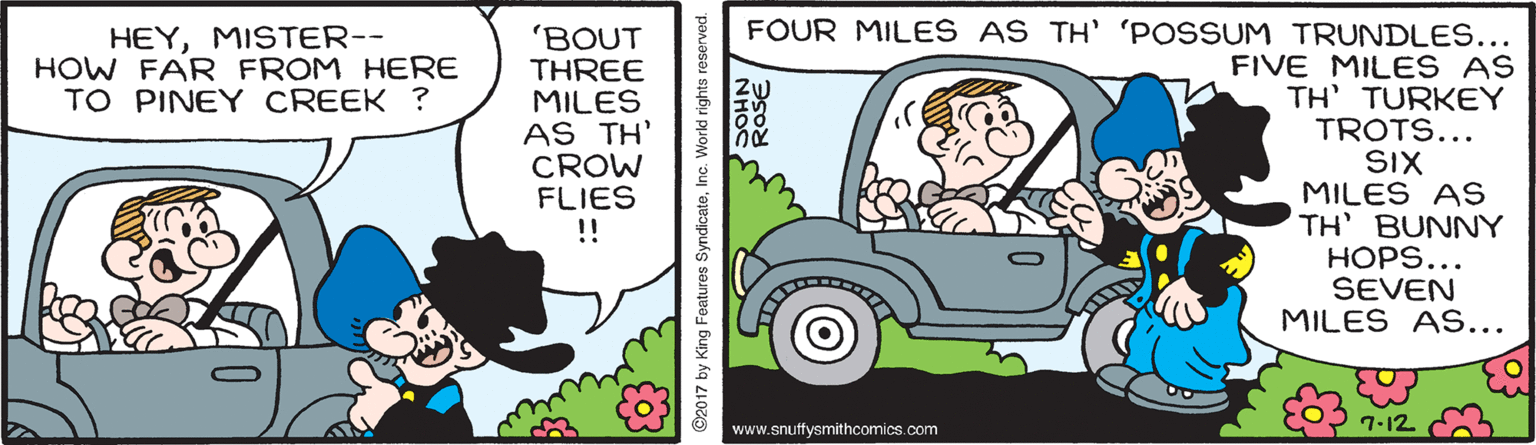 Wheel OCR: FOUR MILES AS TH' 'POSSUM TRUNDLES... HEYMISTER-- HOW FAR FROM HERE TO PINEY CREEK ? 'BOUT THREE MILES AS TH' CROW FLIES !! FIVE MILES AS TH' TURKEY TROTS... SIX MILES AS TH BUNNY HOPS... SEVEN MILES AS... 7-12 www.snuffysmithcomics.com 2017 by King Features SyndicateInc. World rights reserved. FOUR MILES AS TH' 'POSSUM TRUNDLES... HEYMISTER-- HOW FAR FROM HERE TO PINEY CREEK ? 'BOUT THREE MILES AS TH' CROW FLIES !! FIVE MILES AS TH' TURKEY TROTS... SIX MILES AS TH BUNNY HOPS... SEVEN MILES AS... 7-12 www.snuffysmithcomics.com 2017 by King Features SyndicateInc. World rights reserved.