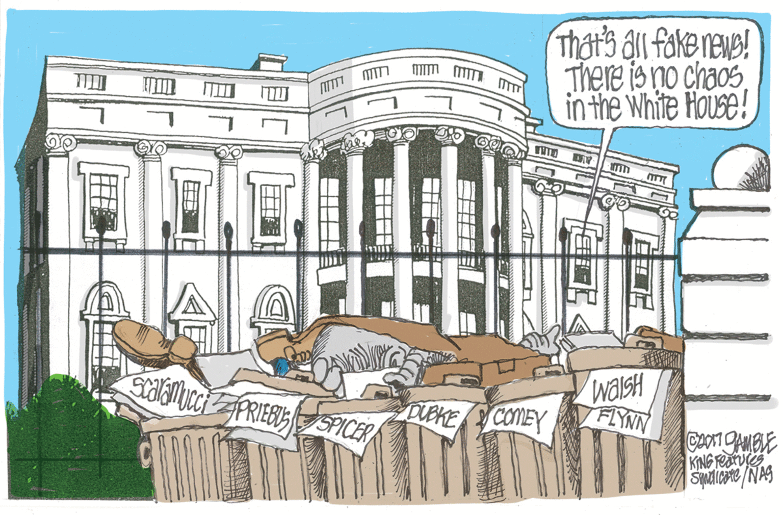 Rectangle OCR: That's all fake nawe! There is no chaos in the White House! m min m ? WalsH FLYNN DUBKE SahccPRIEBISSPICER CoMEY That's all fake nawe! There is no chaos in the White House! m min m ? WalsH FLYNN DUBKE SahccPRIEBISSPICER CoMEY