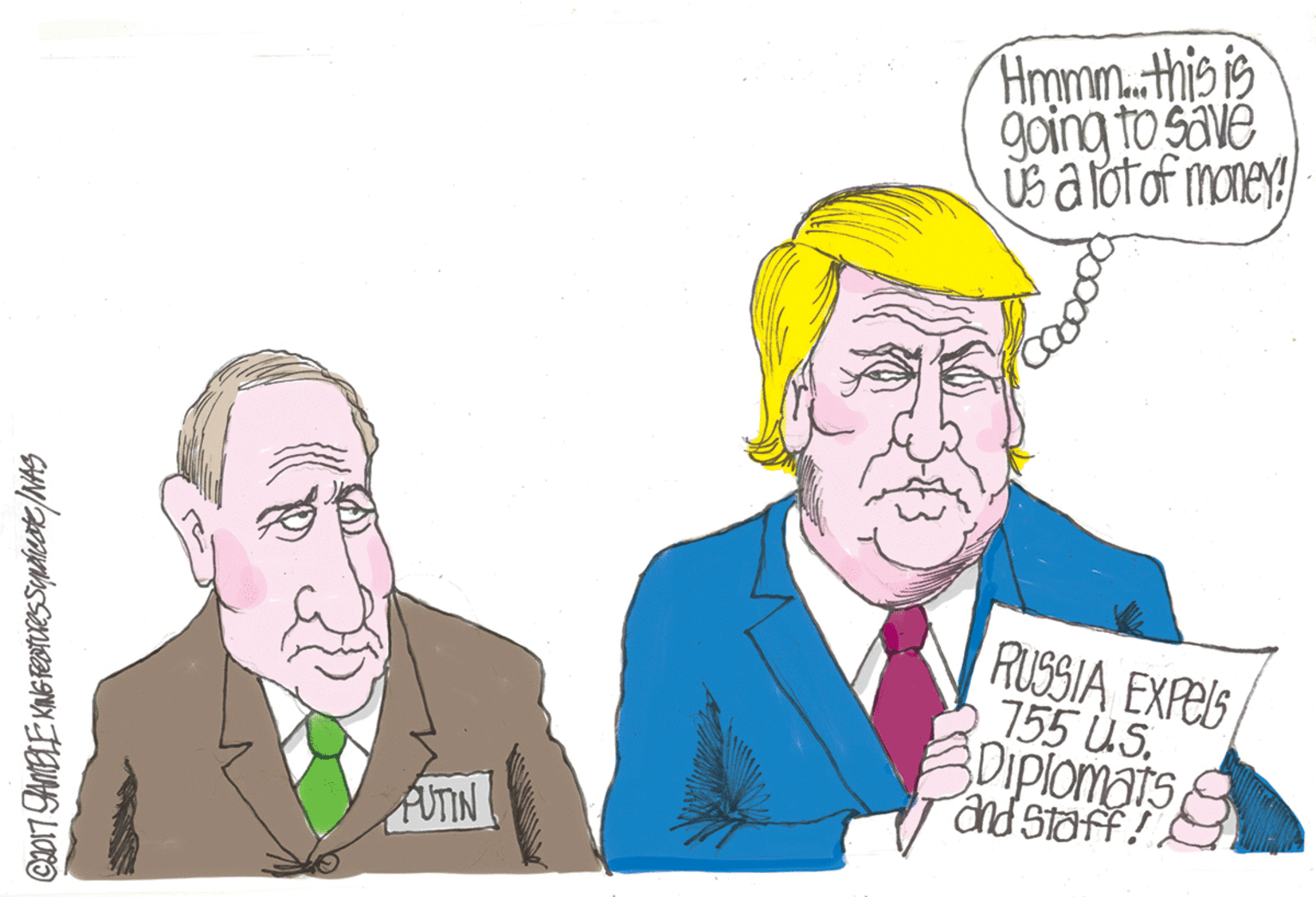 Illustration OCR: Hmmm..this is going to savé Us alotof money RUSSIA EXPElS755 US. Dipiomats and staff! FUTIN Hmmm..this is going to savé Us alotof money RUSSIA EXPElS755 US. Dipiomats and staff! FUTIN