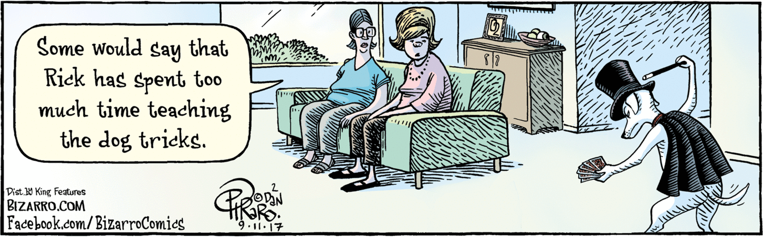 Comics OCR: BIZARRO.COM Facebook.com/BizarroComics Dist. 9 King features There are thoge who would say Riek has spent too much time teaching the dog tricks. ODANG 9.11.17 BIZARRO.COM Facebook.com/BizarroComics Dist. 9 King features There are thoge who would say Riek has spent too much time teaching the dog tricks. ODANG 9.11.17