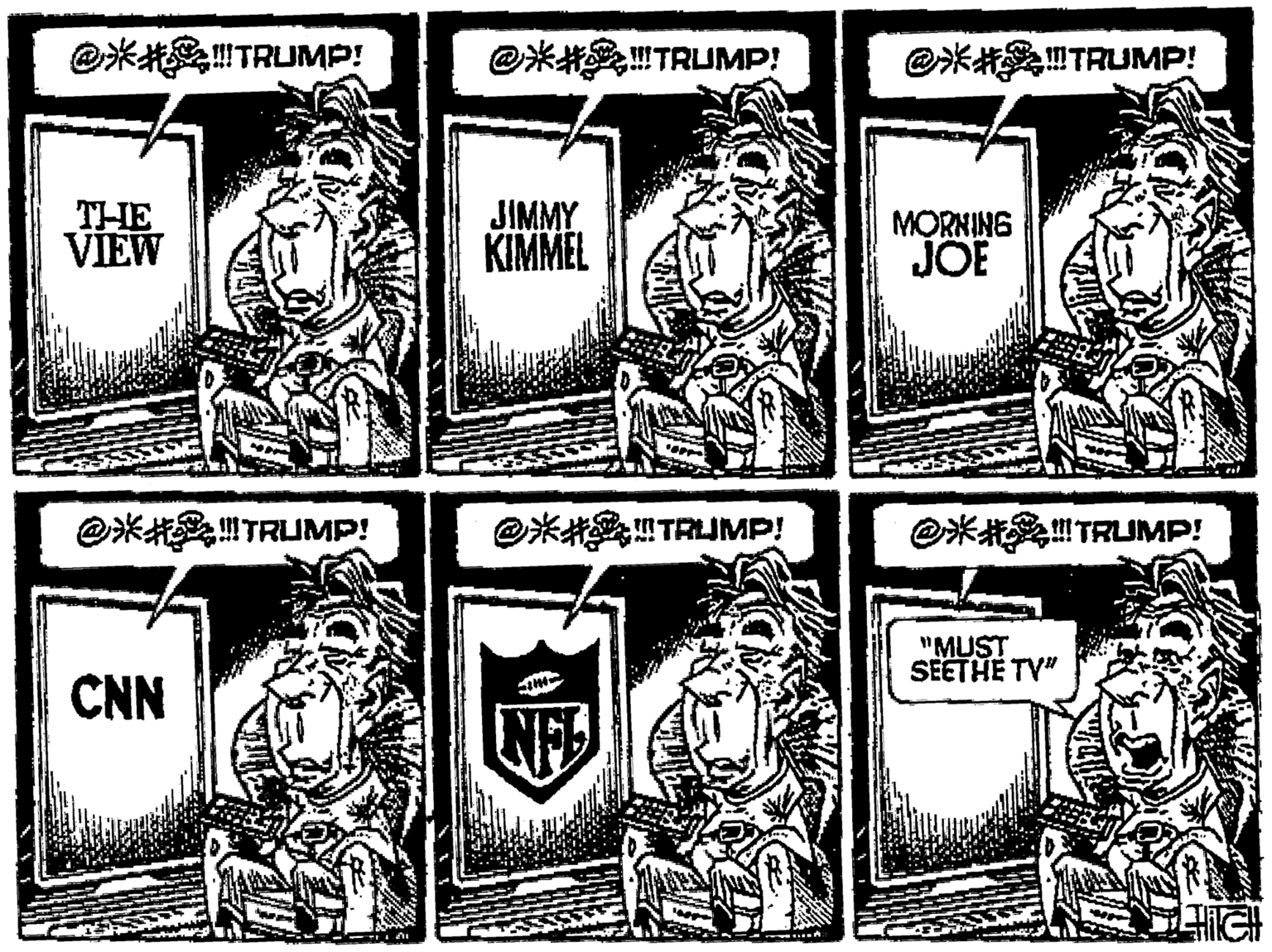 Monochrome OCR: @*!TRUMP! @**TRUMP! @**"TRUMP! THE VIEW JIMMY KIMMEL MORNING JOE @**TRUMP! @** TRUMP! O* TRUMP! "MUST SEETHE TV" CNN @*!TRUMP! @**TRUMP! @**"TRUMP! THE VIEW JIMMY KIMMEL MORNING JOE @**TRUMP! @** TRUMP! O* TRUMP! "MUST SEETHE TV" CNN