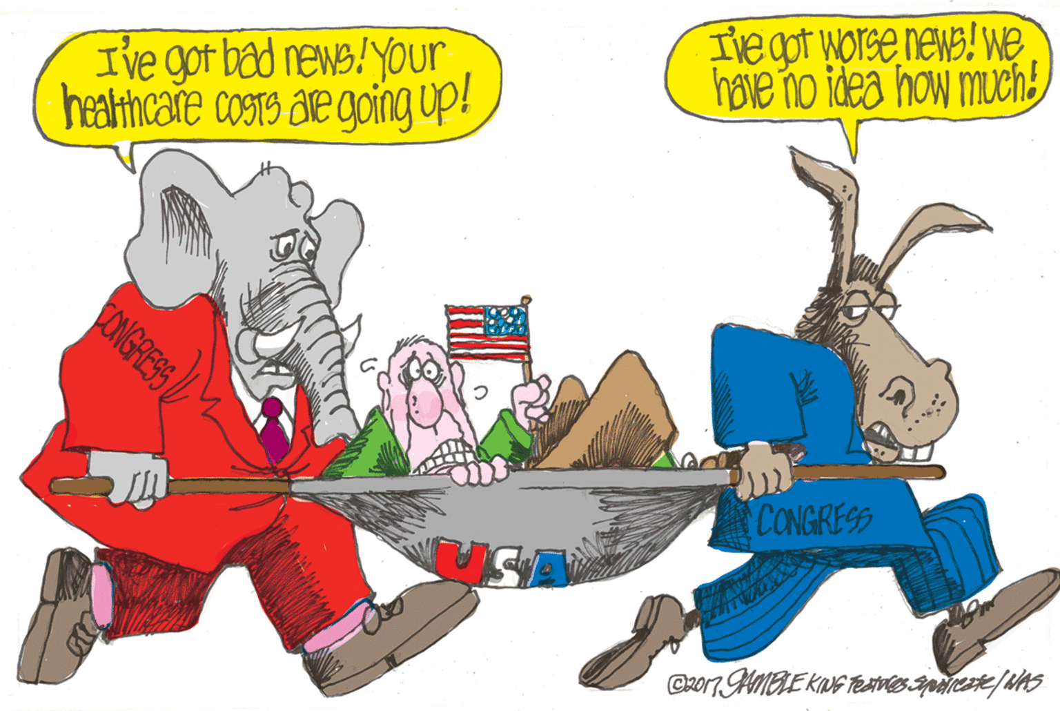 Illustration OCR: Ive got bad news! Your healthcate cosTS are going up! Ire apt worse news! we have no idea how much! CONGRESS CONGRESS Ive got bad news! Your healthcate cosTS are going up! Ire apt worse news! we have no idea how much! CONGRESS CONGRESS