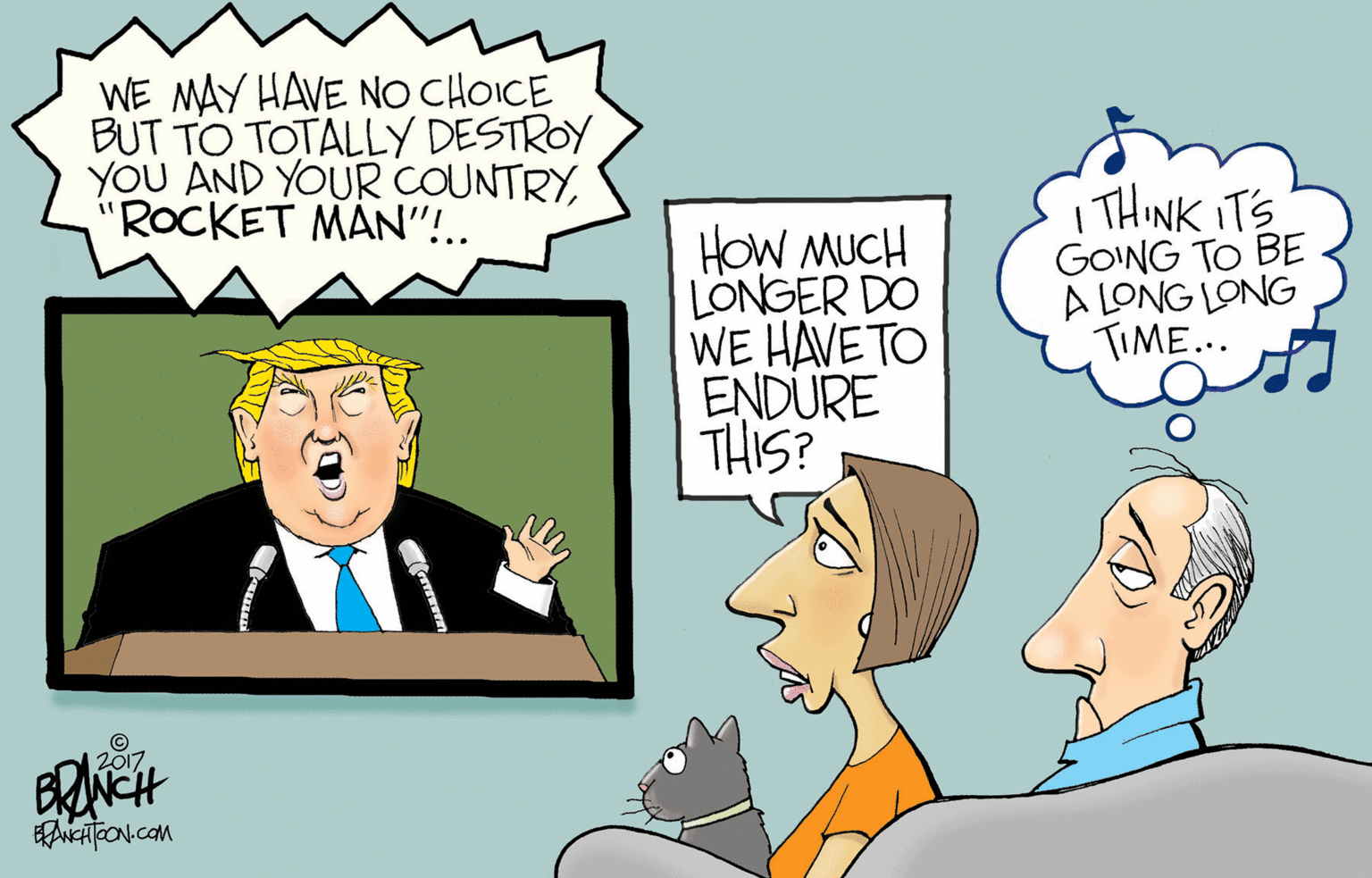 Conversation OCR: WE MAY HAVE NO CHOICE BUT TO TOTALLY DESTROY YOU AND YOUR COUNTRY"ROCKET MAN"!.. HOW MUCH LONGER DO WE HAVE TO ENDURE THIS? I THINK iT's GOING TO BE A LONG LONG TIME... 2017 WE MAY HAVE NO CHOICE BUT TO TOTALLY DESTROY YOU AND YOUR COUNTRY"ROCKET MAN"!.. HOW MUCH LONGER DO WE HAVE TO ENDURE THIS? I THINK iT's GOING TO BE A LONG LONG TIME... 2017