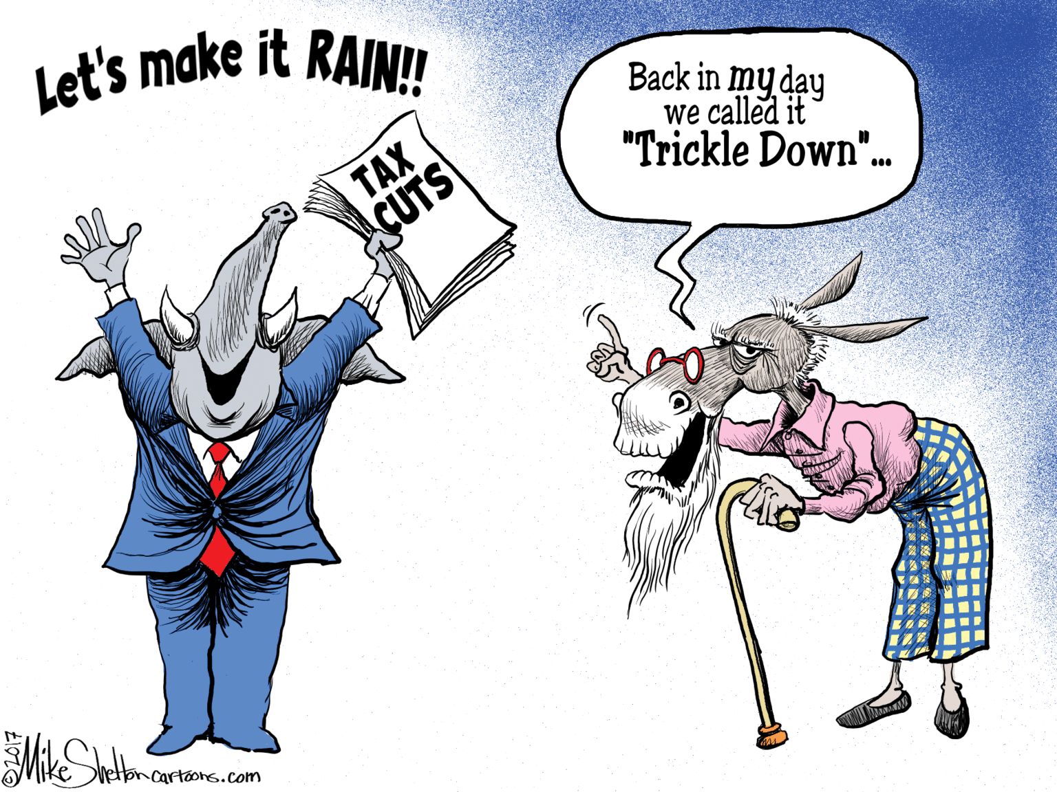 Fictional character OCR: Let's make it RAIN! TAX CUTS Back in my day we called it "Trickle Down".. Mettoncartoons.com Let's make it RAIN! TAX CUTS Back in my day we called it "Trickle Down".. Mettoncartoons.com