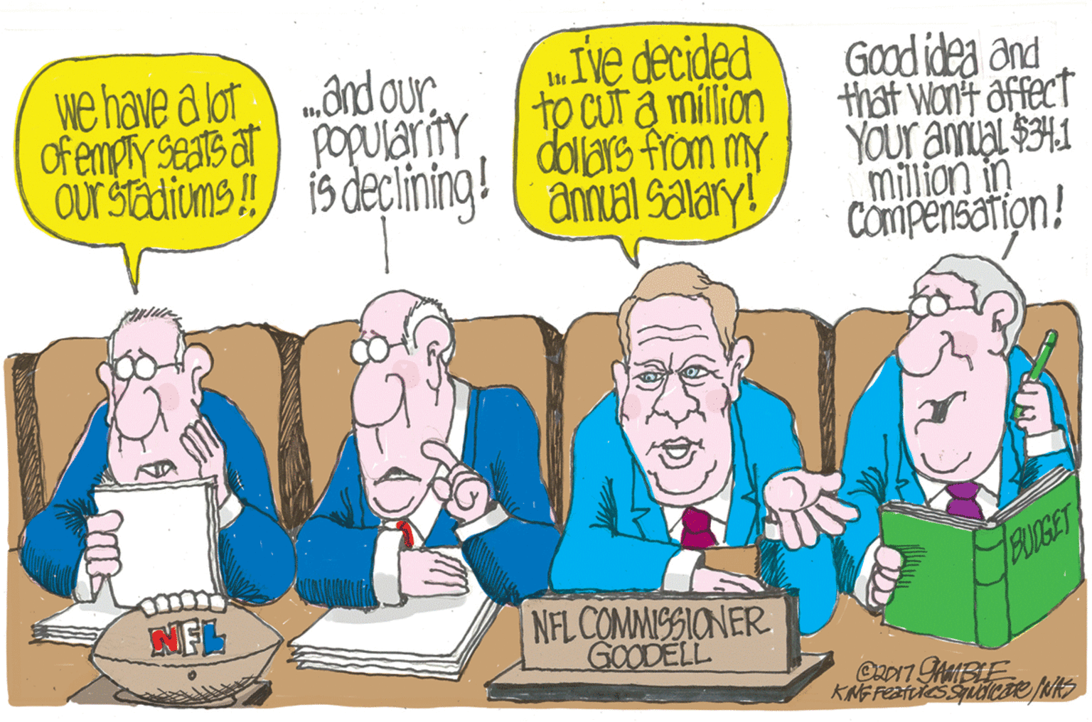 Conversation OCR: „Ive decided Good idea and that Wont affect YOur amial 541 million in Compensation! we have a lot môrd ourOfempty seats at popularity To CUTA million dollars from my Our Stedioms! is deçlining! Cannual salary! NFL COMMISSIONER GOODELL „Ive decided Good idea and that Wont affect YOur amial 541 million in Compensation! we have a lot môrd ourOfempty seats at popularity To CUTA million dollars from my Our Stedioms! is deçlining! Cannual salary! NFL COMMISSIONER GOODELL