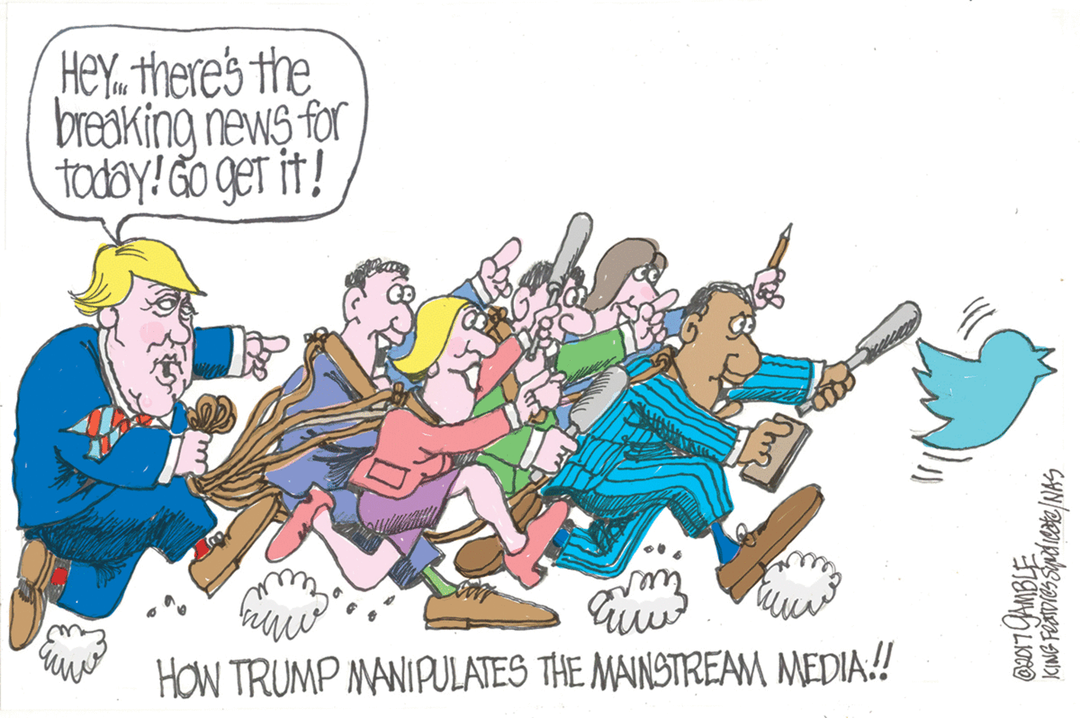 Humour OCR: HeY. there's the breaking news for todoy! Go get it! HON TRUMP MANIPULATES THE MAINSTREAM MEDIA! CID17 GAMBLE HeY. there's the breaking news for todoy! Go get it! HON TRUMP MANIPULATES THE MAINSTREAM MEDIA! CID17 GAMBLE