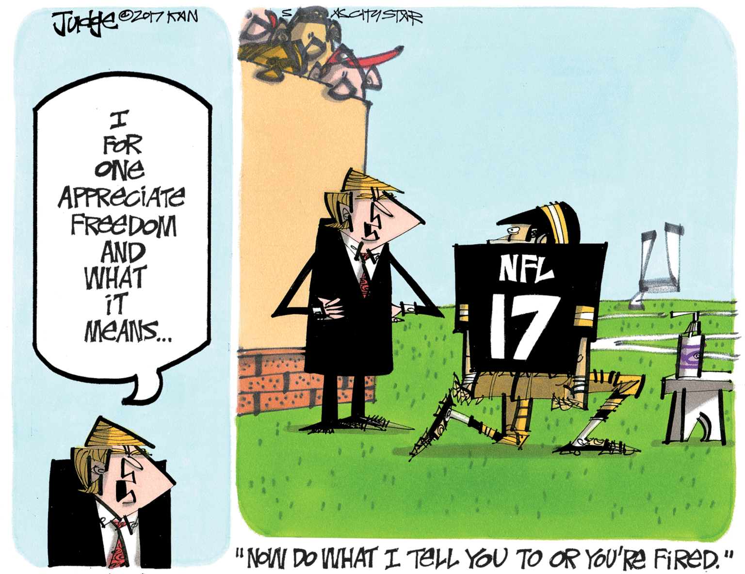 Humour OCR: FOR ONE APPRECIATE FREEDOM AND WHAT iT MEANS. NFL 17 "NOW DO WHAT I TELL YOU TO OR YOU'RE FIRED." FOR ONE APPRECIATE FREEDOM AND WHAT iT MEANS. NFL 17 "NOW DO WHAT I TELL YOU TO OR YOU'RE FIRED."