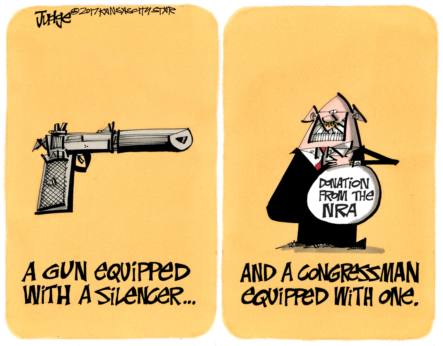 Logo OCR: DONATION FROM THE NRA A GUN EQUIPPED WITH A SILENGER. AND A GONGRESSMAN EQUIPPED WITH ONeDONATION FROM THE NRA A GUN EQUIPPED WITH A SILENGER. AND A GONGRESSMAN EQUIPPED WITH ONe