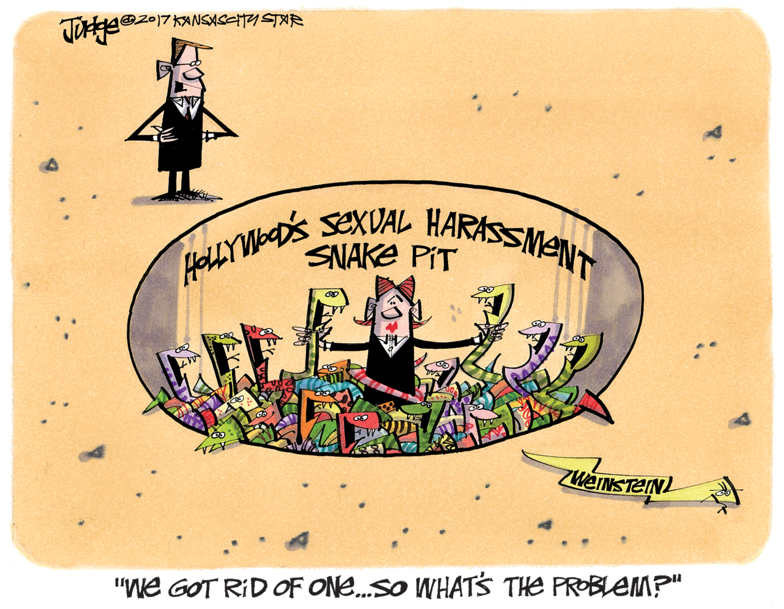 Graphic design OCR: HLLYWeDs SEXVAL HARASSMANT SNAKE PIT ZWEINSTEIN "We GOT RID OF ONe.SO WHATS THE PROBLEM?" ... HLLYWeDs SEXVAL HARASSMANT SNAKE PIT ZWEINSTEIN "We GOT RID OF ONe.SO WHATS THE PROBLEM?" ...