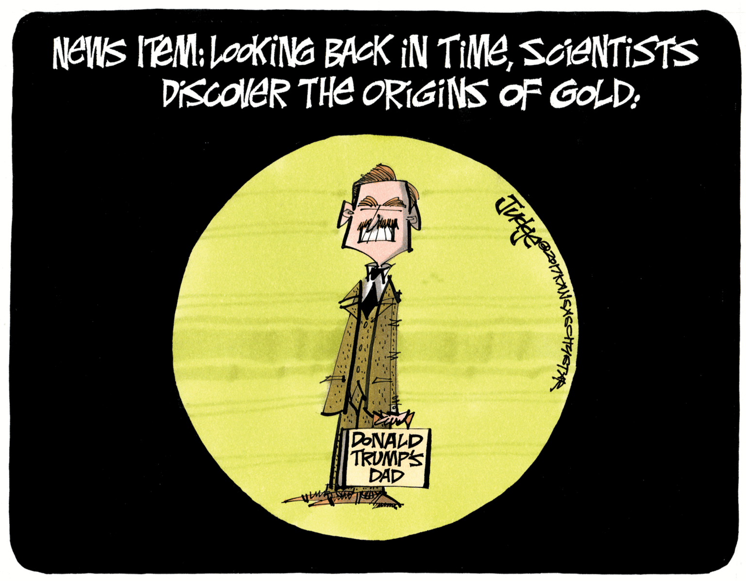 Illustration OCR: NEVWIS ITEM:LaokiNG BACK IN TIMESOANTISTS DISCONER THE ORIGINS OF GOLD; DONALD TRUMPS DAD NEVWIS ITEM:LaokiNG BACK IN TIMESOANTISTS DISCONER THE ORIGINS OF GOLD; DONALD TRUMPS DAD