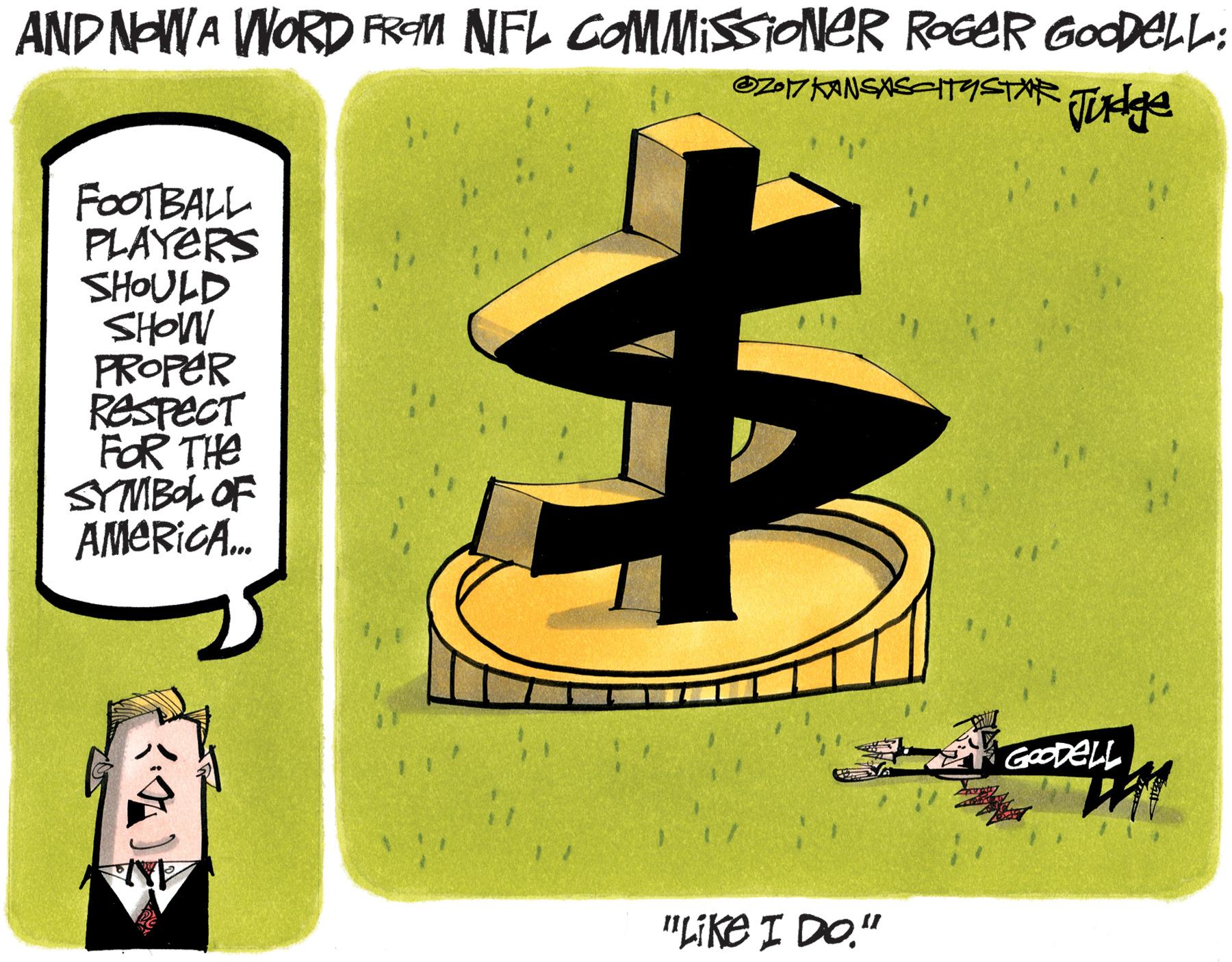 Graphic design OCR: AND NEWA WORD FREM NFL COMMISSIONER ROGER GOODELL: FOOTBALL PLAYERS SHOULD SHOW PROPER RespeCT FOR THE SYMBOL OF AMERICA. ? GOODELL "Like I DO." AND NEWA WORD FREM NFL COMMISSIONER ROGER GOODELL: FOOTBALL PLAYERS SHOULD SHOW PROPER RespeCT FOR THE SYMBOL OF AMERICA. ? GOODELL "Like I DO."