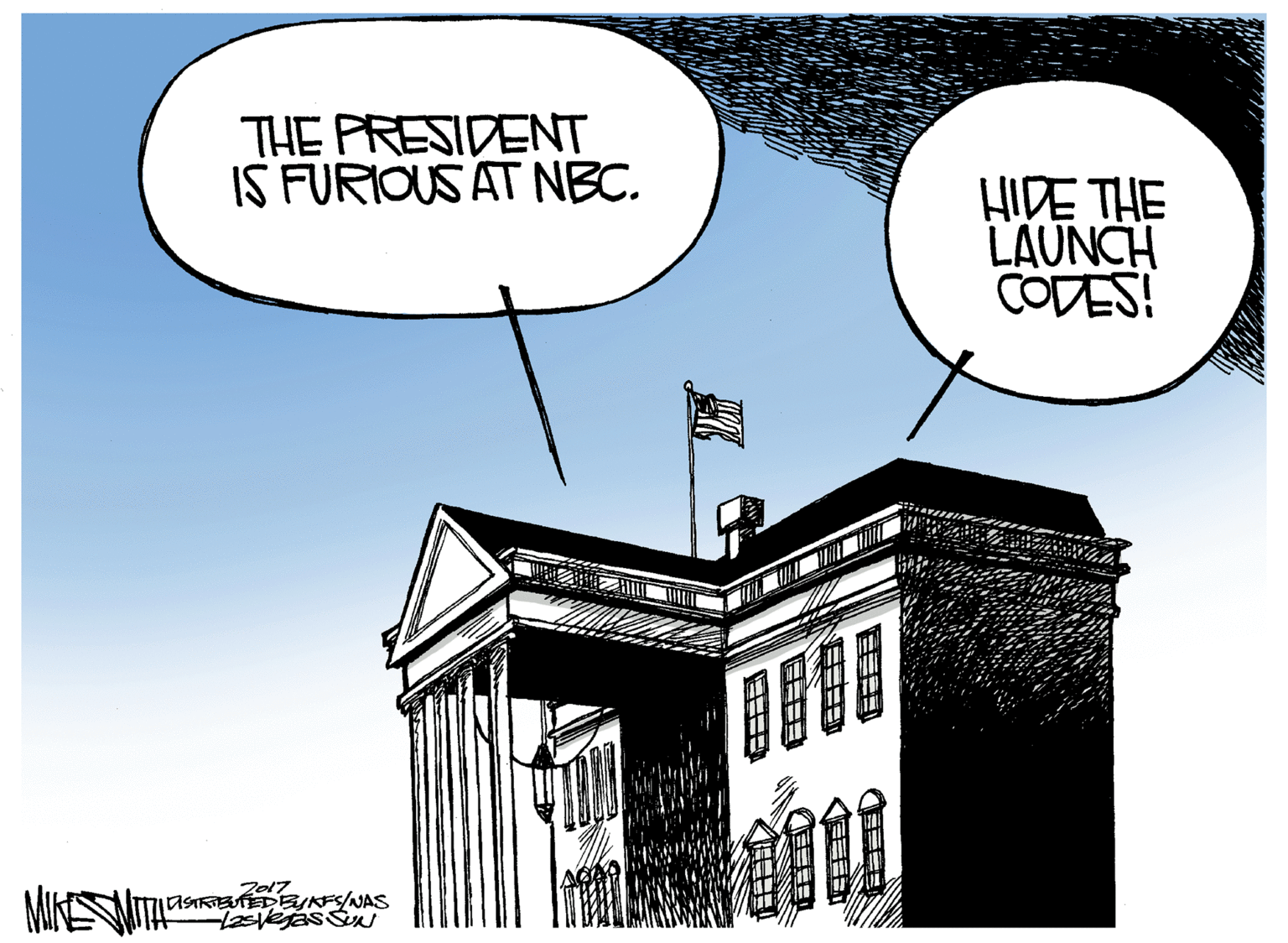 Illustration OCR: THE PRESIDENT IS FURIOUS AT NBC. HIDE THE LAUNCH CODES! Z017 MIKESS THE PRESIDENT IS FURIOUS AT NBC. HIDE THE LAUNCH CODES! Z017 MIKESS