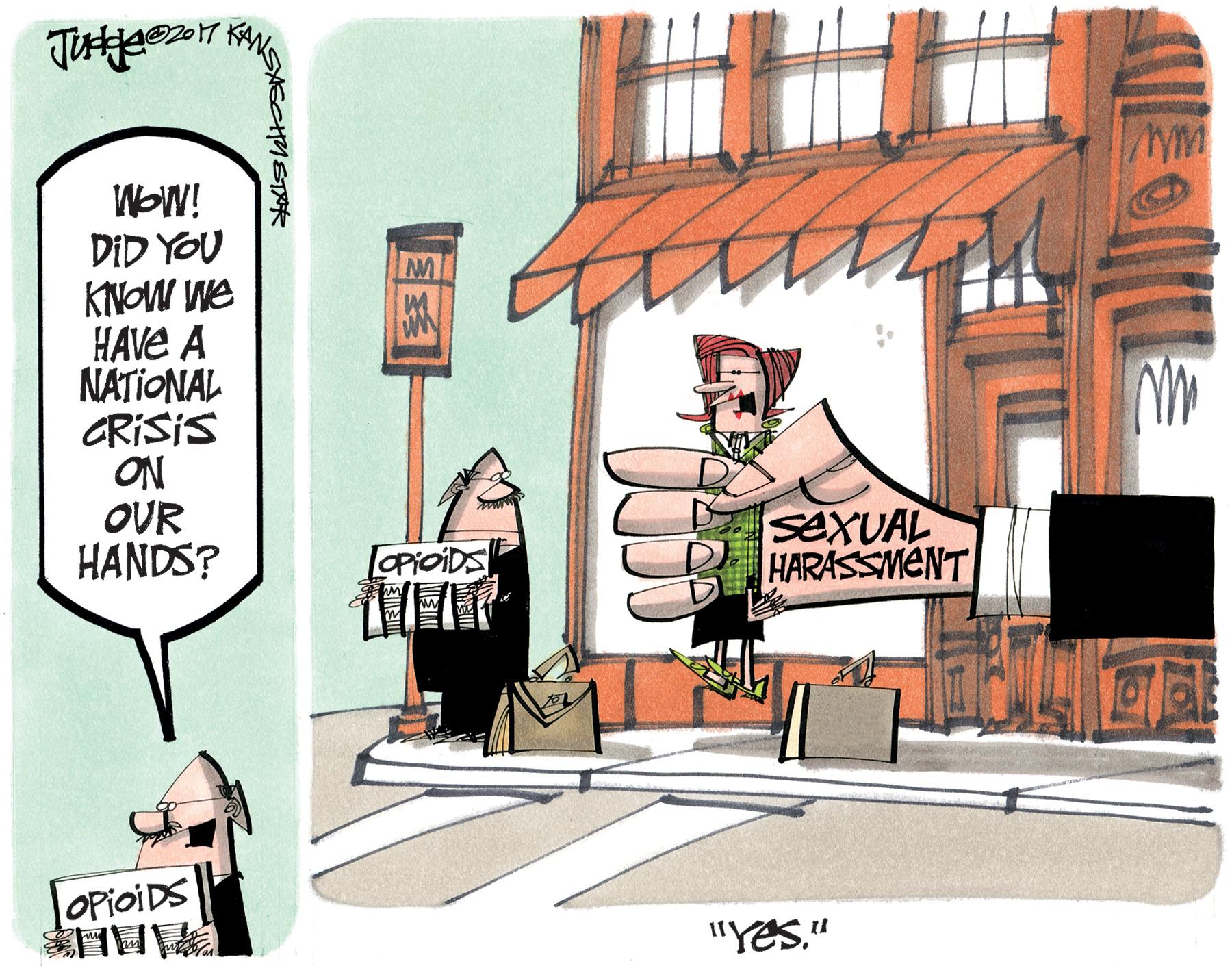 Humour OCR: ? 4. WOW! DID YOU KNOW We HAVE A NATIONAL CRISIS ON OUR HANDS? SEXUAL HARASSMENT LOPIOIDS "Yes." ? 4. WOW! DID YOU KNOW We HAVE A NATIONAL CRISIS ON OUR HANDS? SEXUAL HARASSMENT LOPIOIDS "Yes."