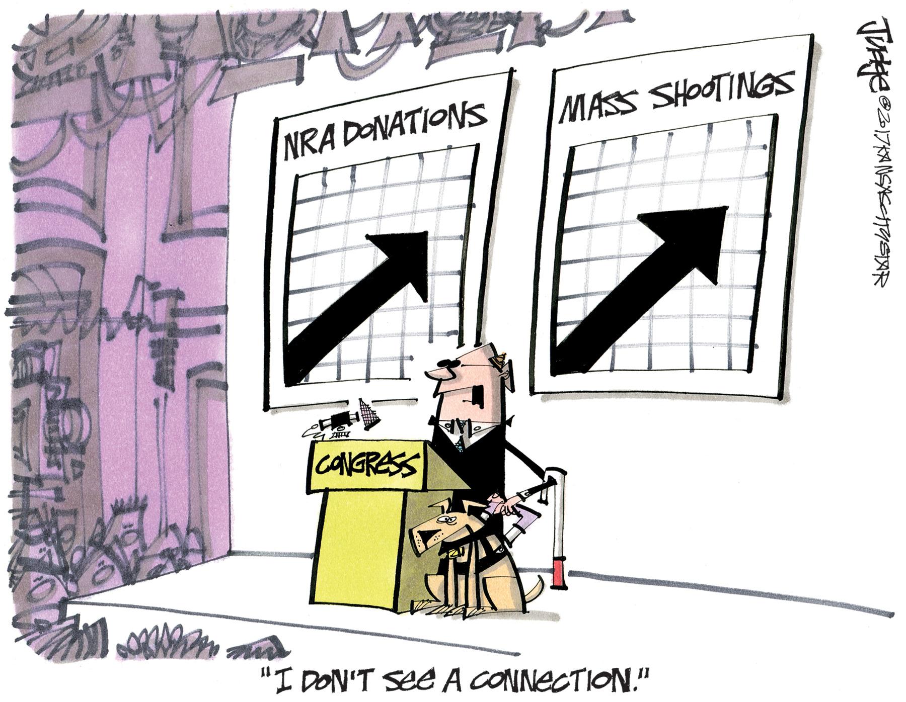 Artwork OCR: MASS SHOOTINGs NRA DONATIONS CANGRESS "I DON'T SEE A CONNECTION." MASS SHOOTINGs NRA DONATIONS CANGRESS "I DON'T SEE A CONNECTION."