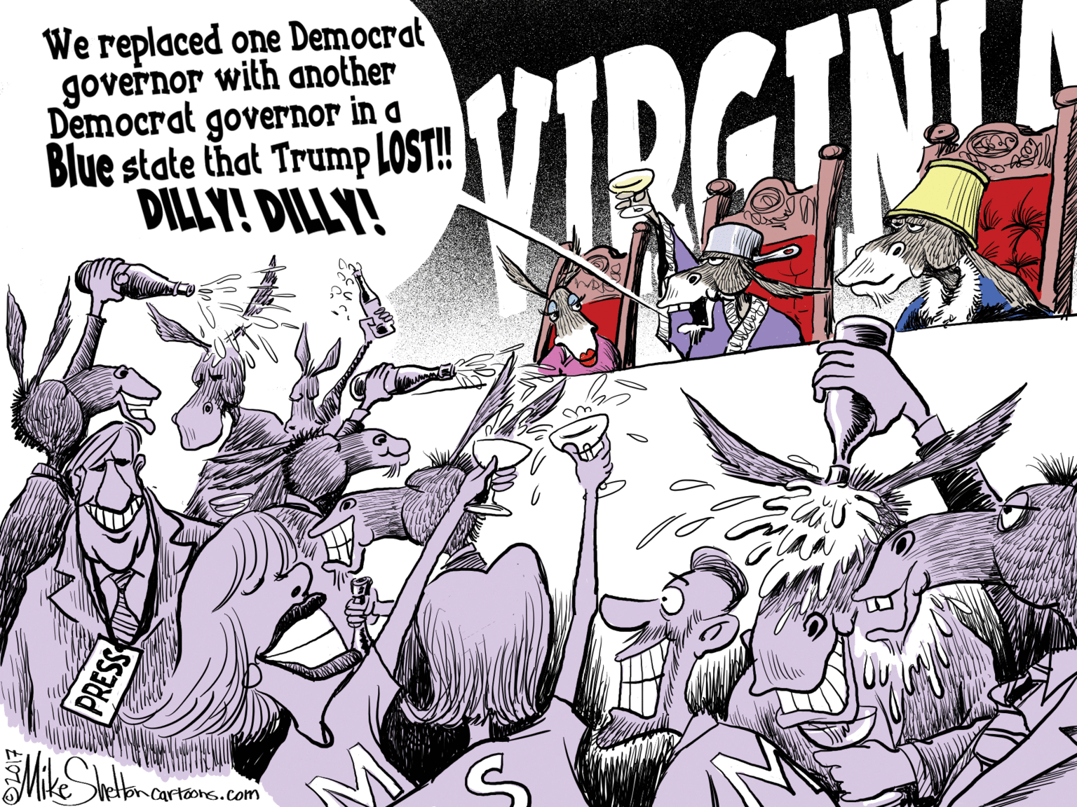 Illustration OCR: We replaced one Democrat governor with another Democrat governor in a Blue state that Trump LOST! DILLY! DILLY! IRGIN Mtoncartoons.com PRESS We replaced one Democrat governor with another Democrat governor in a Blue state that Trump LOST! DILLY! DILLY! IRGIN Mtoncartoons.com PRESS