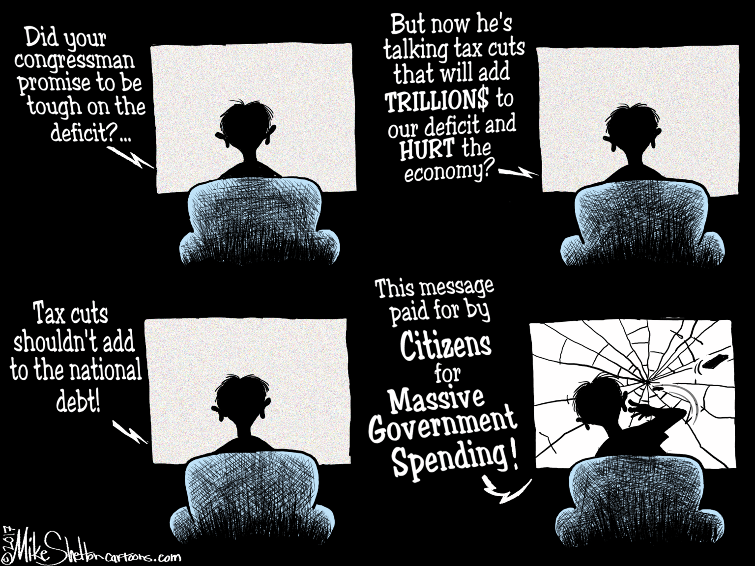 Line OCR: Did your congressman promise to be tough on the deficit? . But now he's talking tax cuts that will add TRILLION$ to our deficit and HURT the economy?. Tax cuts shouldn't add to the national debt! This message paid for by Citizens for Massive Government Spending! Ike relbrncartoons.com Did your congressman promise to be tough on the deficit? . But now he's talking tax cuts that will add TRILLION$ to our deficit and HURT the economy?. Tax cuts shouldn't add to the national debt! This message paid for by Citizens for Massive Government Spending! Ike relbrncartoons.com