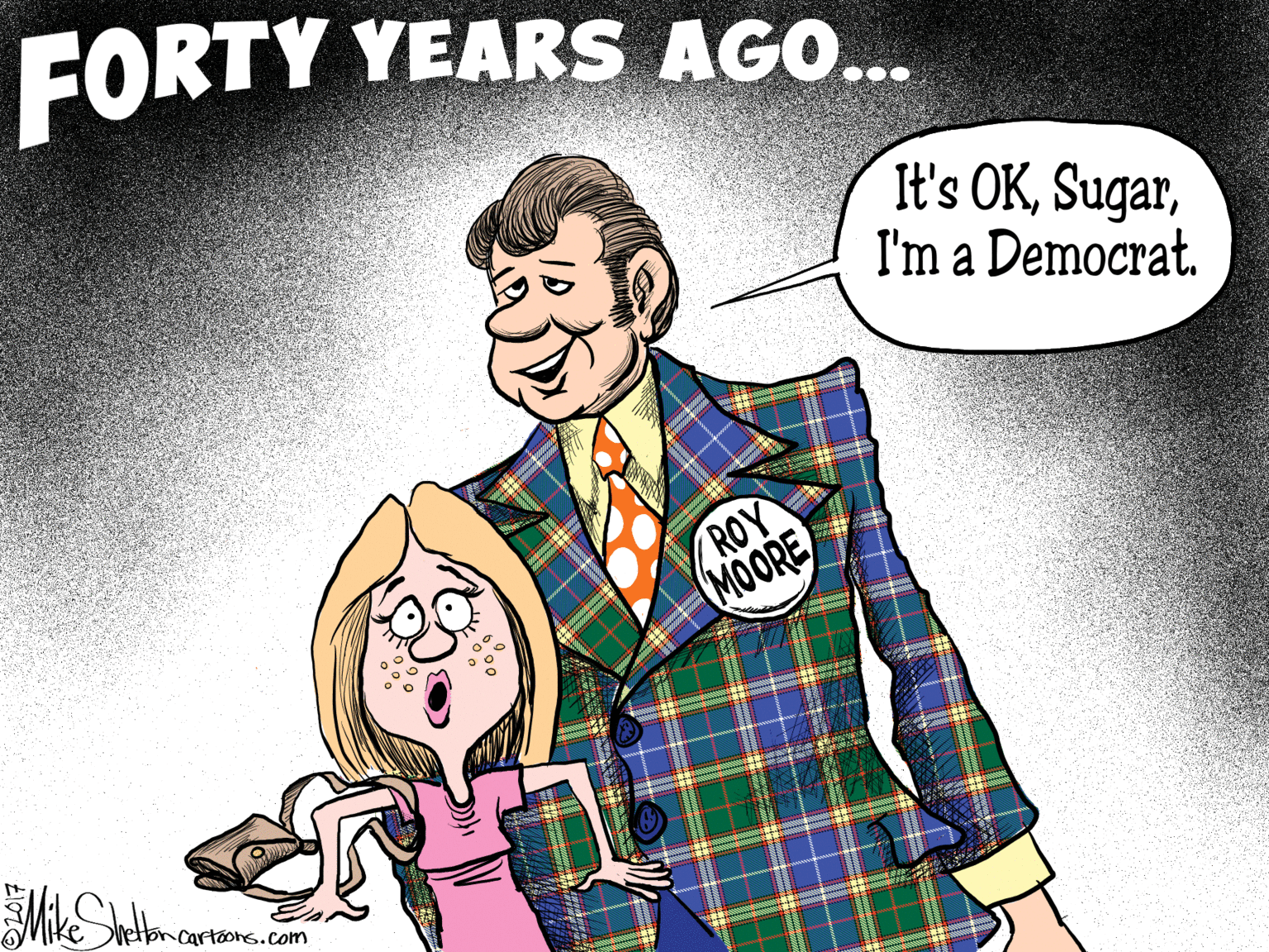 Illustration OCR: FORTY YEARS AGO. It's OKI'm a Democrat. ROY (MOORE Ke Vetbncartoons.com FORTY YEARS AGO. It's OKI'm a Democrat. ROY (MOORE Ke Vetbncartoons.com