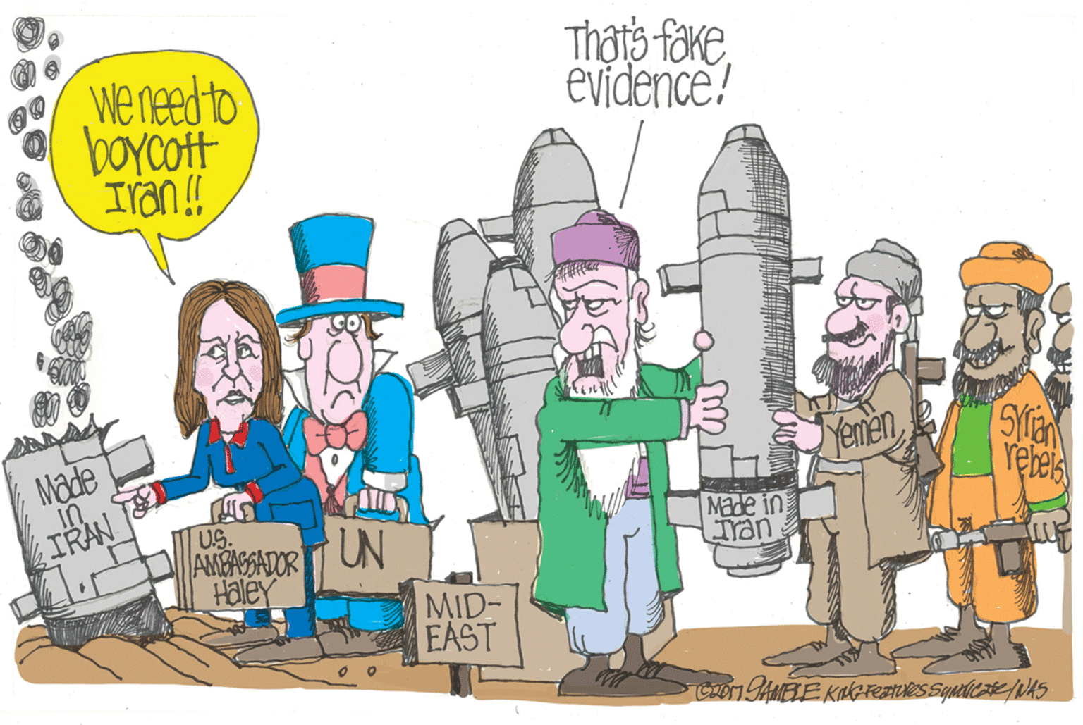Adaptation OCR: Thats fökeevidence! wenged to boycot Iran!! Made Yenien Made in Iran IRAN US. UN AMEAGSADOR Haley MID- EAST Thats fökeevidence! wenged to boycot Iran!! Made Yenien Made in Iran IRAN US. UN AMEAGSADOR Haley MID- EAST