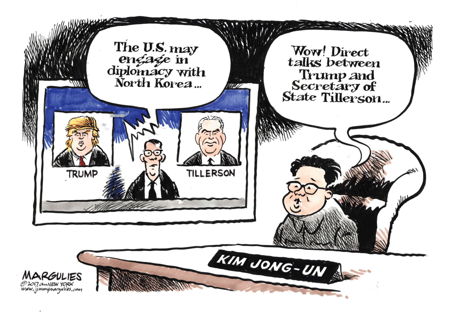 Conversation OCR: The U.S. may Wow! Direct talks between engage in diplomacy with North Korea.. Trump and Secretary of State Tillerson. TRUMP TILLERSON KIM JONG-UN MARGULIES OL017 amNEW YORK www.jimmynarguliescom The U.S. may Wow! Direct talks between engage in diplomacy with North Korea.. Trump and Secretary of State Tillerson. TRUMP TILLERSON KIM JONG-UN MARGULIES OL017 amNEW YORK www.jimmynargulies