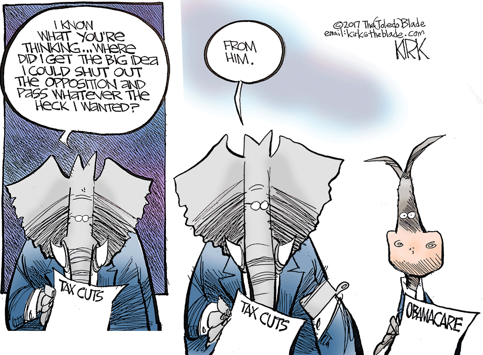 Graphics OCR: 2017 The Todedo Blade emailikirkötheblade.com KRK I KNON WHAT YOU'Re THINKING...WHEre DID I GET THe BIG IDEA ICOULD SHUT OUT THe OPPOSITION AND Pass WHATENER THe Heck I WANTEED? FROM HIMTAX CUTS OBAMACARE TAX CUTS 2017 The Todedo Blade emailikirkötheblade.com KRK I KNON WHAT YOU'Re THINKING...WHEre DID I GET THe BIG IDEA ICOULD SHUT OUT THe OPPOSITION AND Pass WHATENER THe Heck I WANTEED? FROM HIMTAX CUTS OBAMACARE TAX CUTS