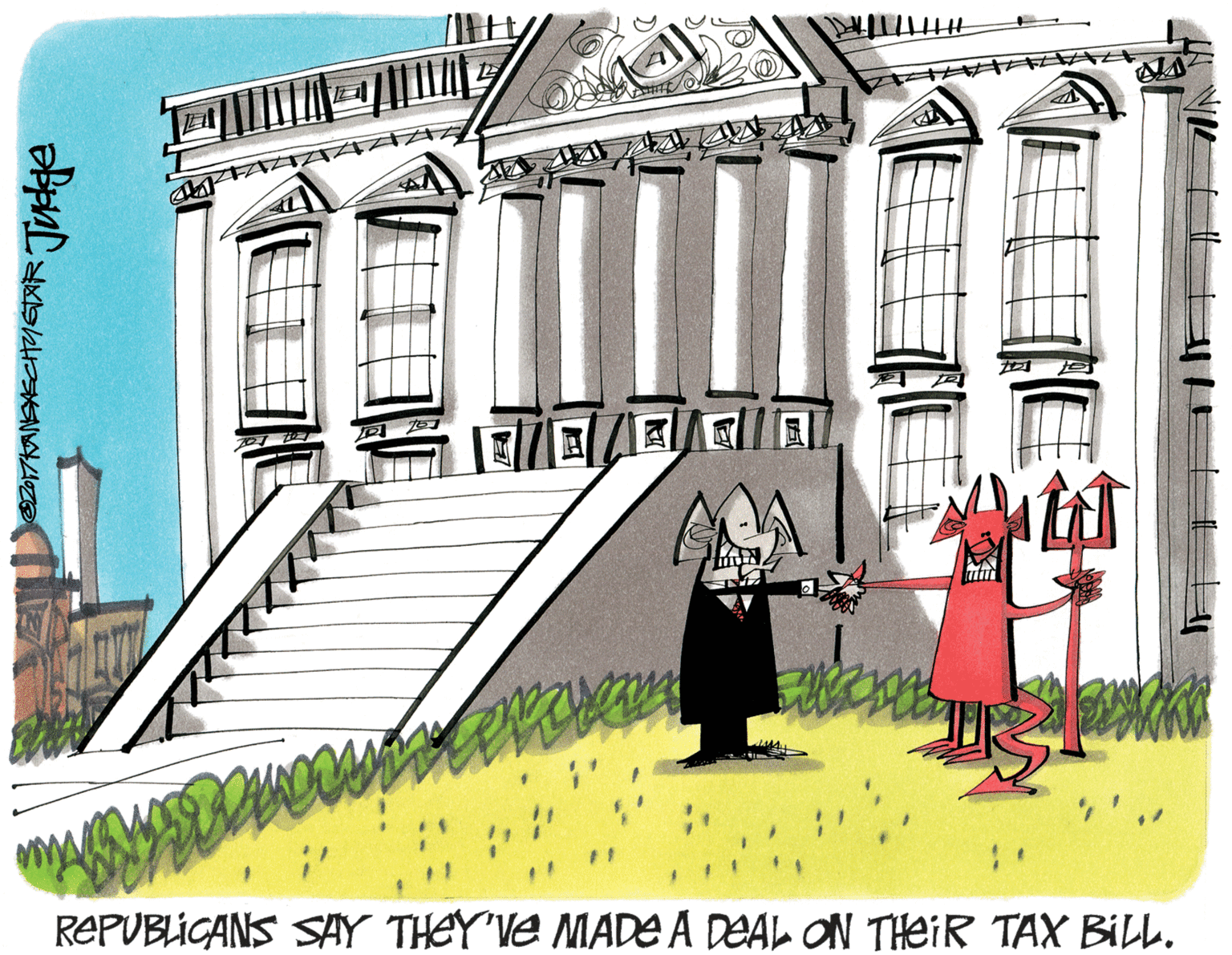 Illustration OCR: REPUBLICANS SAY THEY'Ve MADE A DEAL ON THEIR TAX BILL. REPUBLICANS SAY THEY'Ve MADE A DEAL ON THEIR TAX BILL.