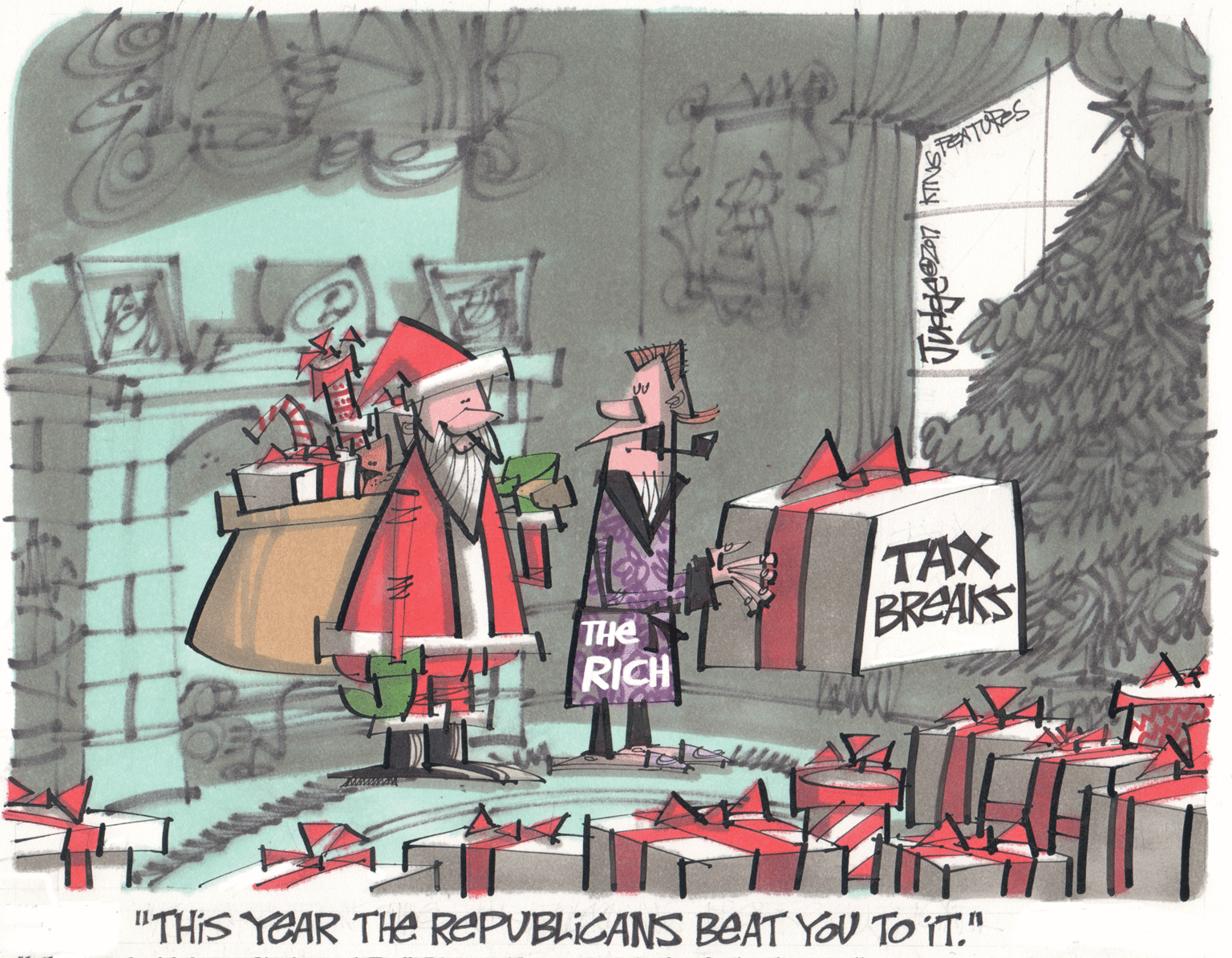 Creative arts OCR: TAX BREAKS THE RICH "THIS YEAR THE REPUBLICANS BEAT YOU TO IT." TAX BREAKS THE RICH "THIS YEAR THE REPUBLICANS BEAT YOU TO IT."