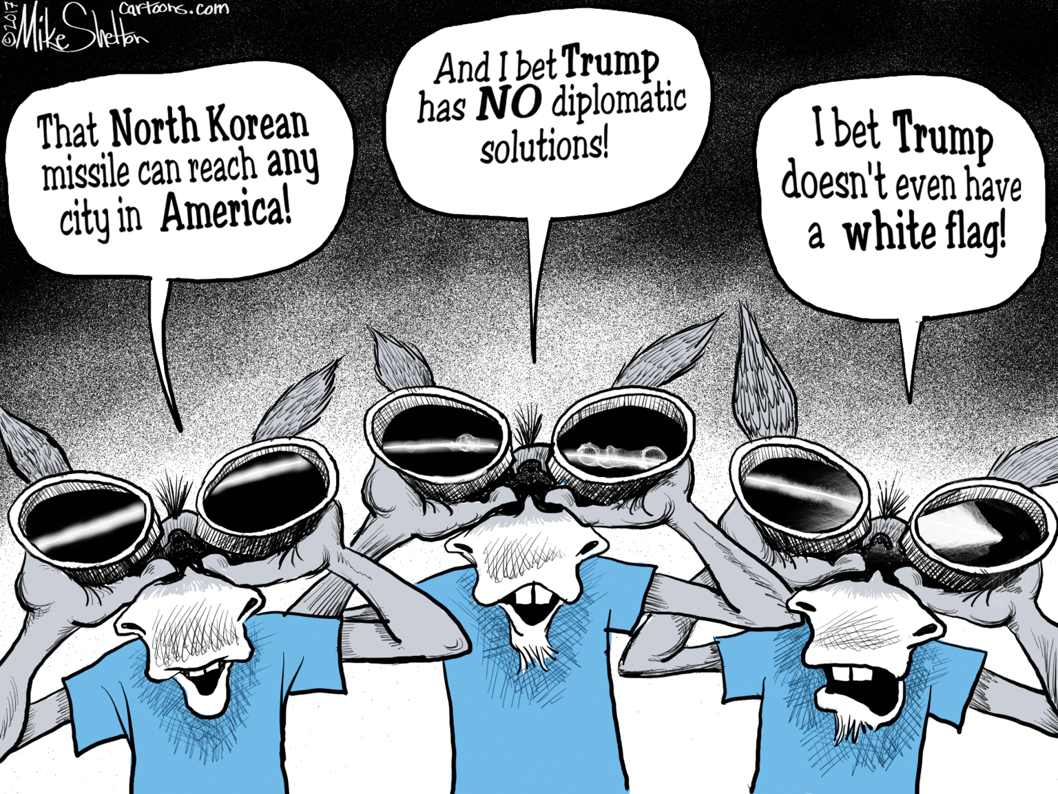 Drawing OCR: Cartáone.com And I bet Trump has NO diplomatic solutions! That North Korean missile can reach any city in America! I bet Trump doesn't even have a white flag! Cartáone.com And I bet Trump has NO diplomatic solutions! That North Korean missile can reach any city in America! I bet Trump doesn't even have a white flag!