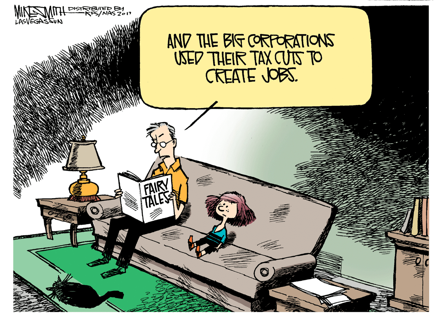 Illustration OCR: MINEMITH DISTRIBUTED BY RES/NAS 2017 L'ASVEGASSUN AND THE BIG CORPORATIONS USED THEIR TAX CUIS TO CREATE JOBS. FAIRY TALESS MINEMITH DISTRIBUTED BY RES/NAS 2017 L'ASVEGASSUN AND THE BIG CORPORATIONS USED THEIR TAX CUIS TO CREATE JOBS. FAIRY TALESS