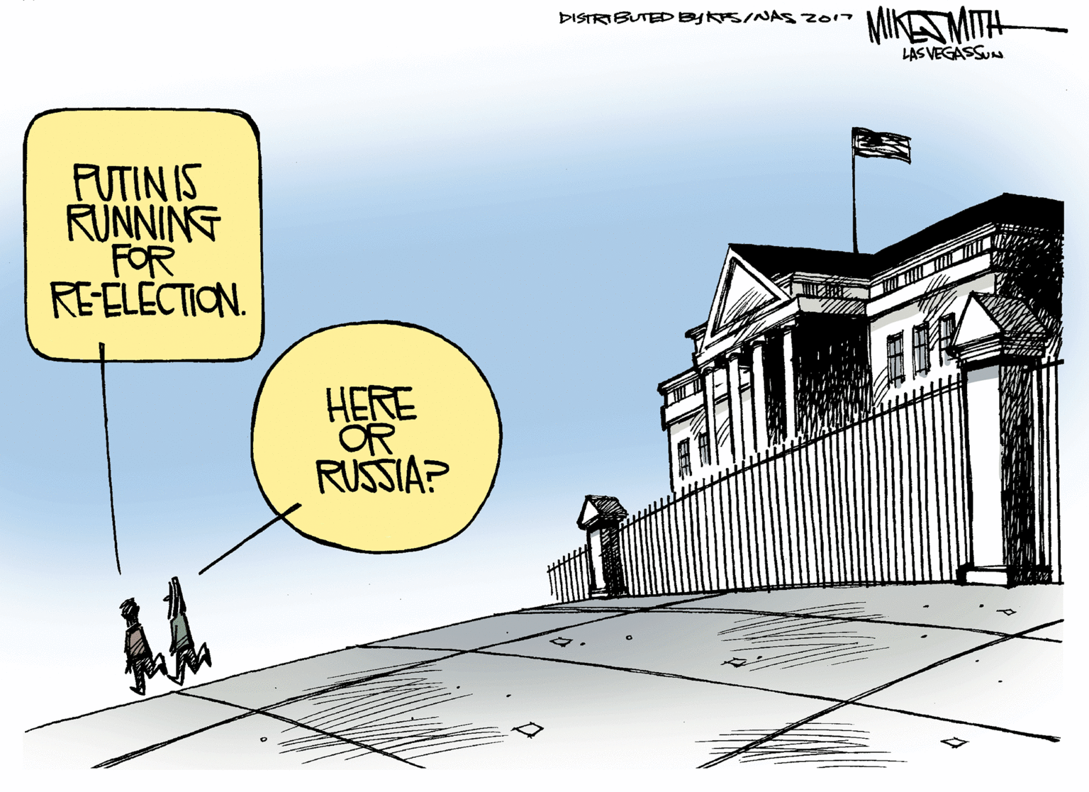 Drawing OCR: MIKAMITH DISTRIBUTEDBYKS/NAs 2017 LAS VEGASSUN FUTIN IS RUNNING FOR REELECTION. HERE OR RUSSIA? MIKAMITH DISTRIBUTEDBYKS/NAs 2017 LAS VEGASSUN FUTIN IS RUNNING FOR REELECTION. HERE OR RUSSIA?