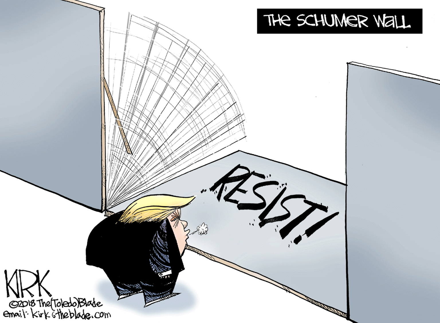 Artwork OCR: THe SCHUMER WALL RESIST! KRK 2018 The Toledo Blade email: kirkötheblade.com THe SCHUMER WALL RESIST! KRK 2018 The Toledo Blade email: kirkötheblade.com