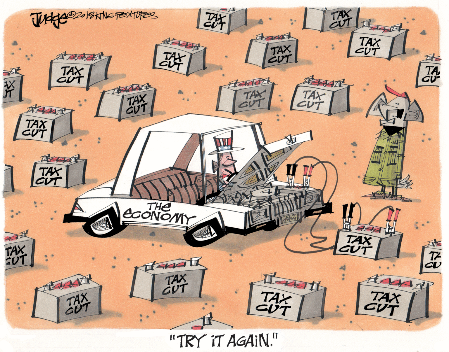 Painting OCR: TAX CUT TAX CUT I TAX CUT TAX CUT TAX CUT TAX GUT TAX CUT TAX CUT TAX CUT TAX CUT THE EGONOMY TAX GUT TAX FUT TAX GUT TAX TAX CUT TAX CUT "TRY IT AGAIN." TAX CUT TAX CUT I TAX CUT TAX CUT TAX CUT TAX GUT TAX CUT TAX CUT TAX CUT TAX CUT THE EGONOMY TAX GUT TAX FUT TAX GUT TAX TAX CUT TAX CUT "TRY IT AGAIN."