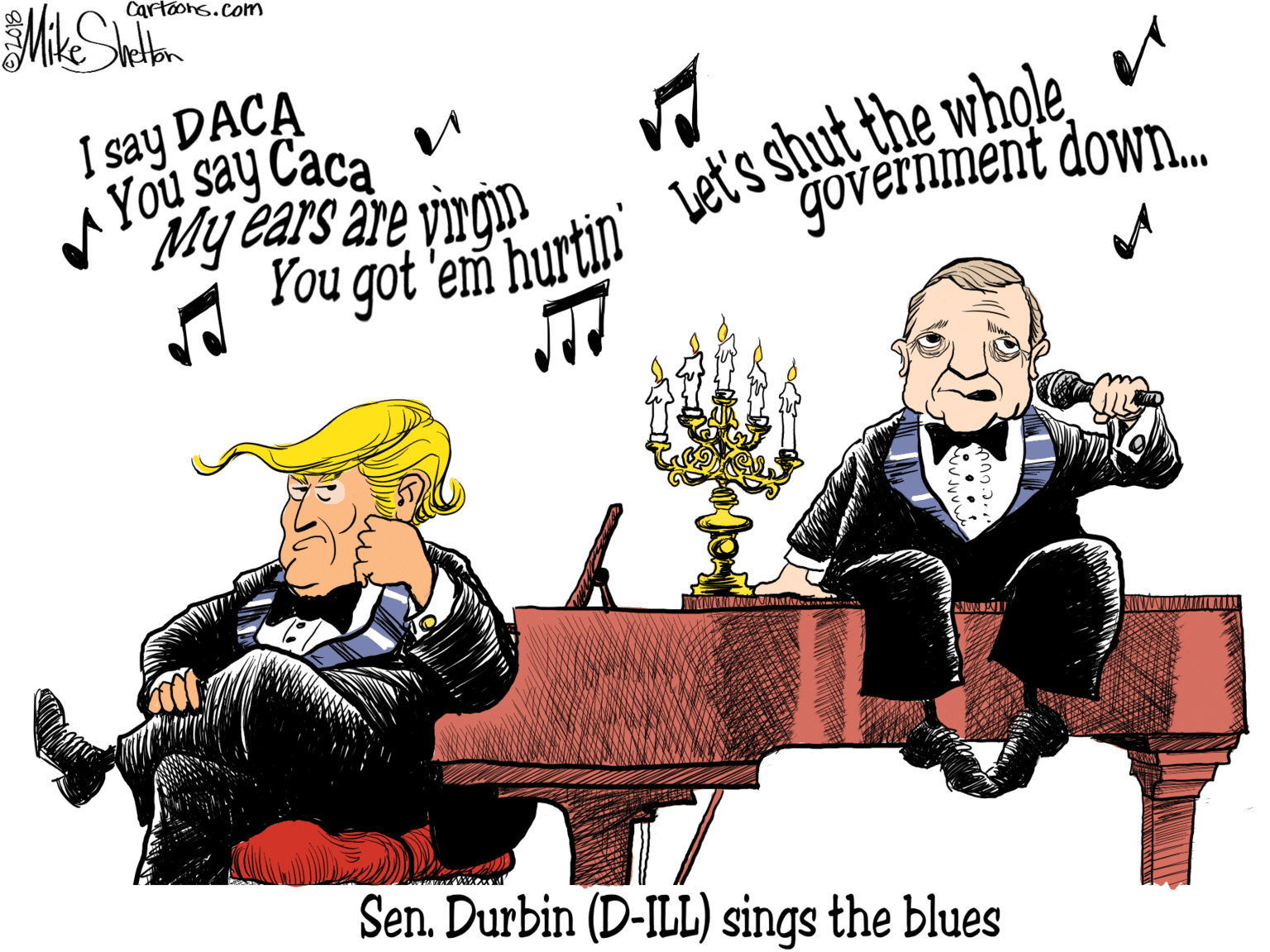Illustration OCR: Cartoons.com I say DACA You say Caca My ears äre vingn You got 'em hurtin Let's shut the whole government down. Sen. Durbin (D-ILL) sings the blues Cartoons.com I say DACA You say Caca My ears äre vingn You got 'em hurtin Let's shut the whole government down. Sen. Durbin (D-ILL) sings the blues