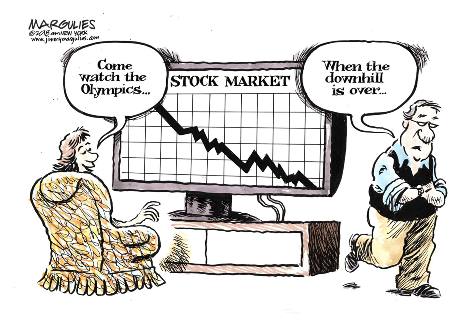 Illustration OCR: MARGULIES OA8 AMNEW YORK www.jimmymargulis.com Come watch the Olympics. When the downhill IS over... STOCK MARKET MARGULIES OA8 AMNEW YORK www.jimmymargulis.com Come watch the Olympics. When the downhill IS over... STOCK MARKET