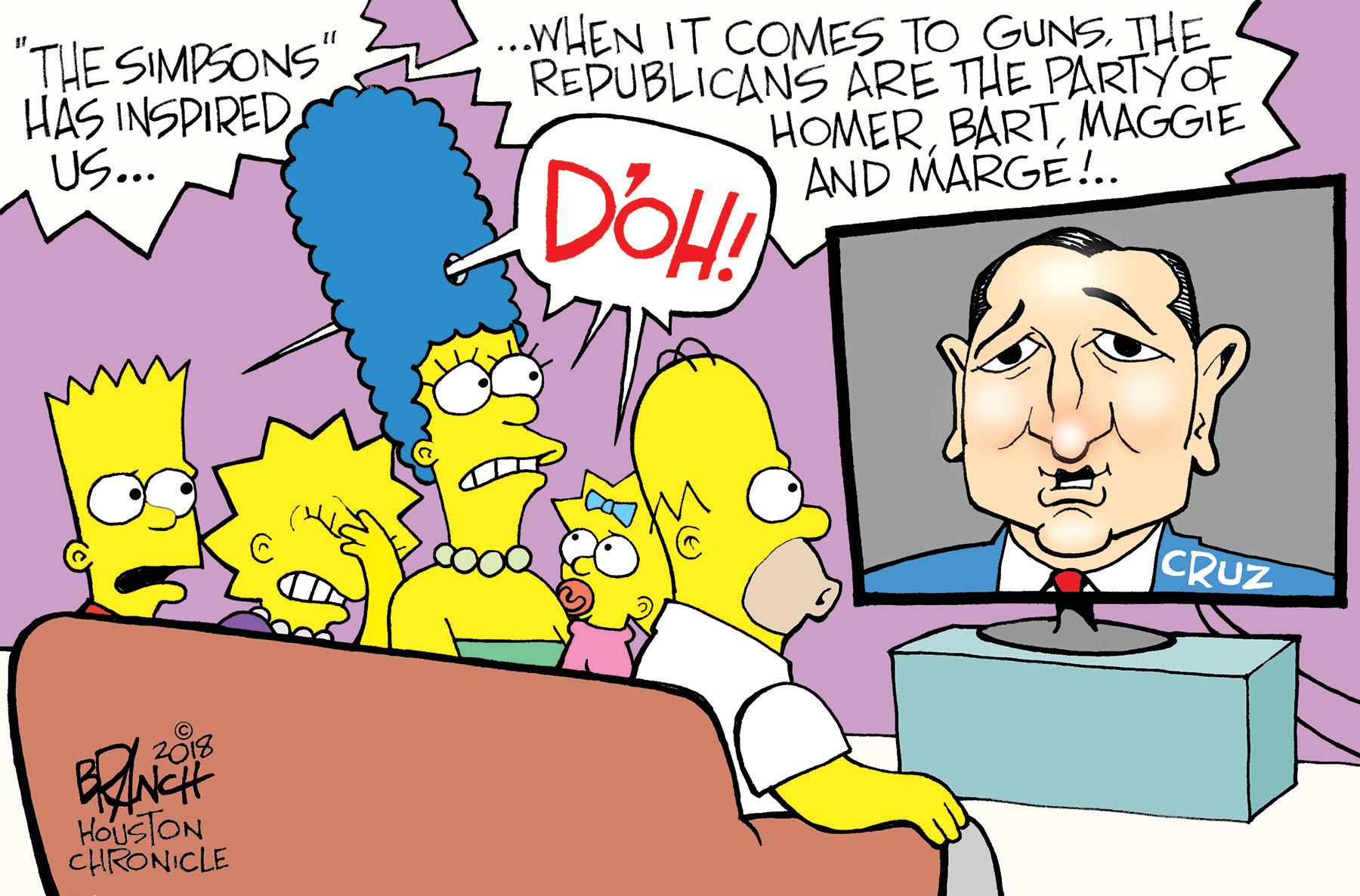 Cartoon OCR: "THE SIMPSONS" HÁS INSPIRED US... ..WHEN IT COMES TO GUNSTHE REPUBLICANS ARE THE PARTYOF HOMERMAGGIE AND MARGE!.. DOH! CRUZ 2018 HOUSTON CHRONICLE "THE SIMPSONS" HÁS INSPIRED US... ..WHEN IT COMES TO GUNSTHE REPUBLICANS ARE THE PARTYOF HOMERMAGGIE AND MARGE!.. DOH! CRUZ 2018 HOUSTON CHRONICLE