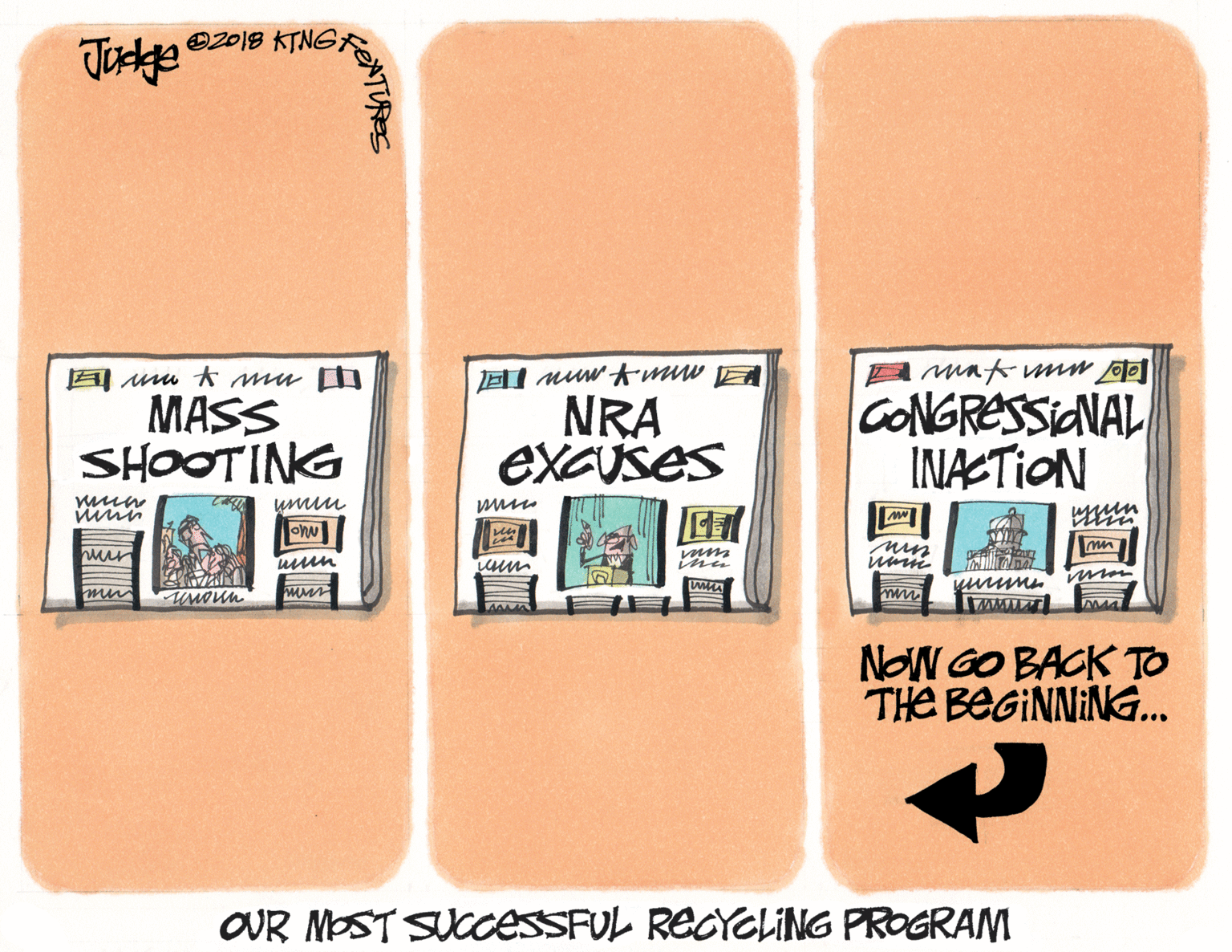 Diagram OCR: O2018 KTNGTiskge Munt umw? CONGRESSIANAL INAÆTION ? m t mu ? MASS SHOOTING NRA excUSes mun mun usun ? ?? NOW GO BACK TO THE BEGINNING... OUR MOST SUCCESSFUL REGYCLING PROGRAM O2018 KTNGTiskge Munt umw ? CONGRESSIANAL INAÆTION ? m t mu ? MASS SHOOTING NRA excUSes mun mun usun ? ? ? NOW GO BACK TO THE BEGINNING... OUR MOST SUCCESSFUL REGYCLING PROGRAM