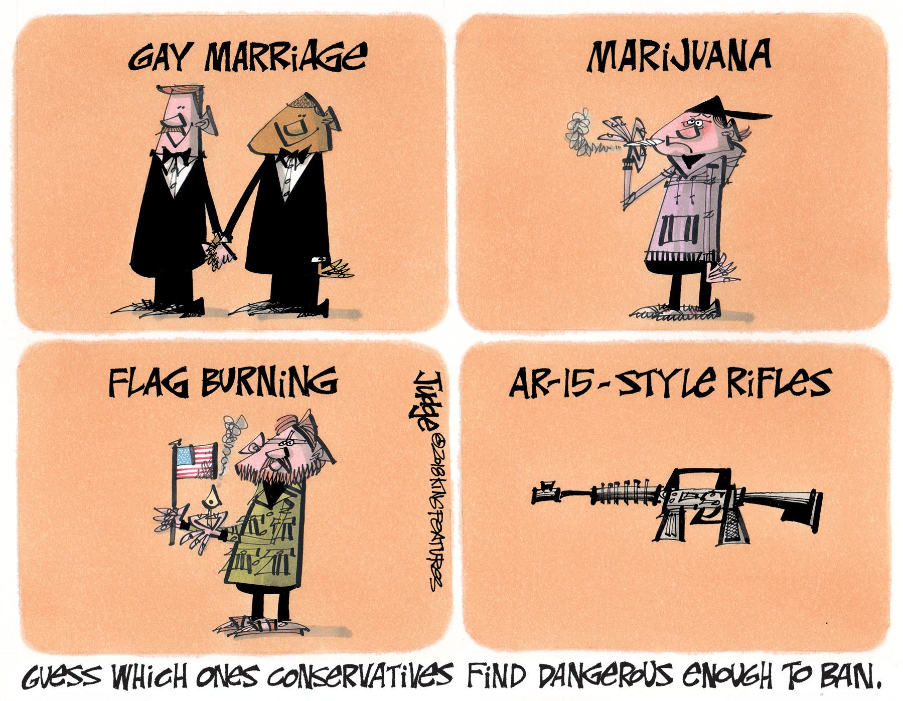 Fiction OCR: GAY MARRIAGE MARIJVANA FLAG BURNING AR-15-STYLE RiIFLes Gvess WHICH ONES CONSERVATIVES FIND DANGEROUS ENOUGH TO BANGAY MARRIAGE MARIJVANA FLAG BURNING AR-15-STYLE RiIFLes Gvess WHICH ONES CONSERVATIVES FIND DANGEROUS ENOUGH TO BAN