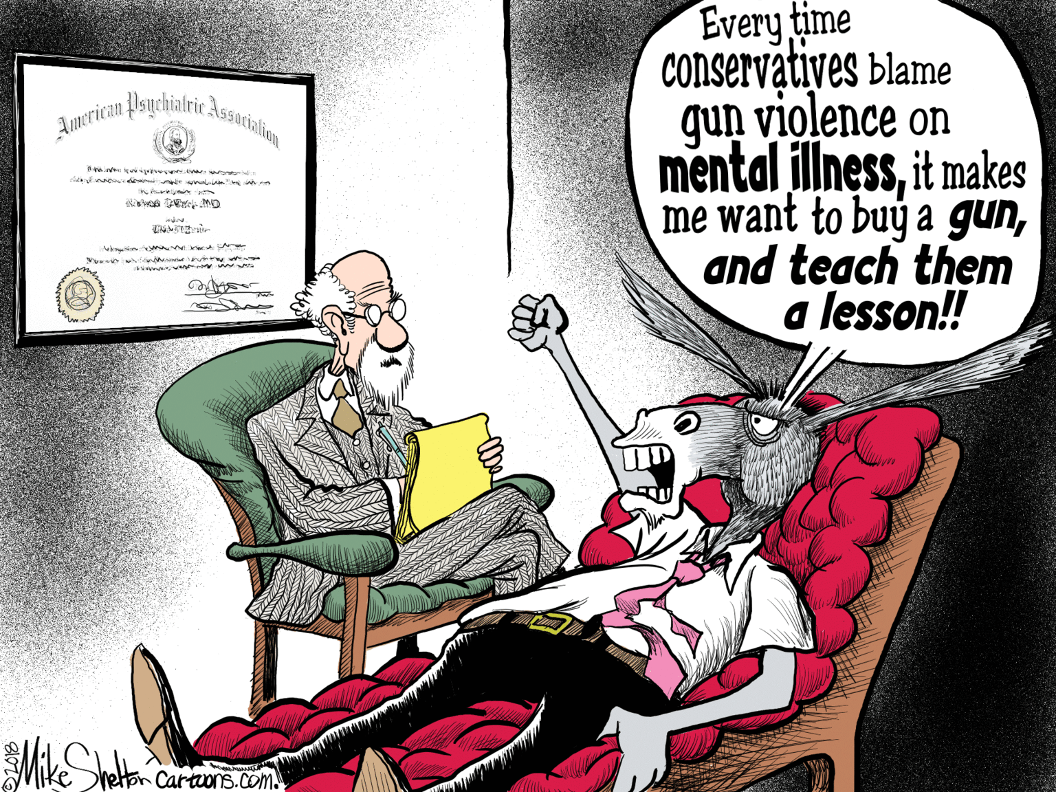 Illustration OCR: Every time Conservatives blame qun violence on mental jillnessit makes me want to buý a gunand teach them a lesson! Amrican Paychiatric Associkliom cive nno lrin m heon Cartuons.com Every time Conservatives blame qun violence on mental jillnessit makes me want to buý a gunand teach them a lesson! Amrican Paychiatric Associkliom cive nno lrin m heon Cartuons.com