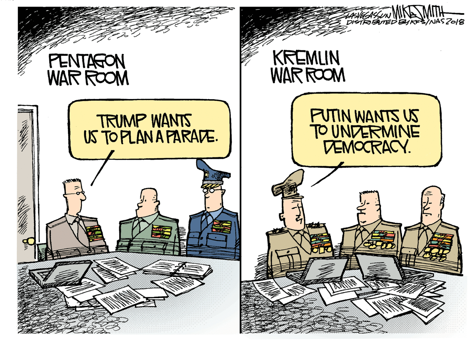 Fictional character OCR: ASVEGASSUN DISTRRTEDajKINASZ018 MIKA MIT PENTASON WAR ROOM KREMLIN WAR ROOM TRUMP WANTS US TO PLANA PARADE. PUTIN WANTS US TO UNDERMINE VEMOCRACY. ASVEGASSUN DISTRRTEDajKINASZ018 MIKA MIT PENTASON WAR ROOM KREMLIN WAR ROOM TRUMP WANTS US TO PLANA PARADE. PUTIN WANTS US TO UNDERMINE VEMOCRACY.