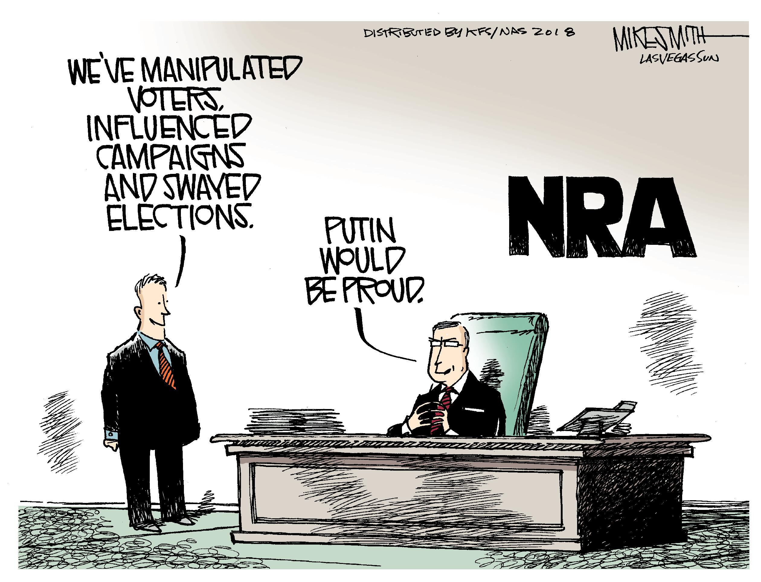Event OCR: MIKESMITH LASVEGASSUN DISTRIBUTED BY KS/NAS 2018 WE'VE MANIPULATED VOTERS INFLUENCED CAMPAIGNS AND SWAYED ELÉCTIONS. PUTIN WOULD BE PROUD. NRA MIKESMITH LASVEGASSUN DISTRIBUTED BY KS/NAS 2018 WE'VE MANIPULATED VOTERS INFLUENCED CAMPAIGNS AND SWAYED ELÉCTIONS. PUTIN WOULD BE PROUD. NRA