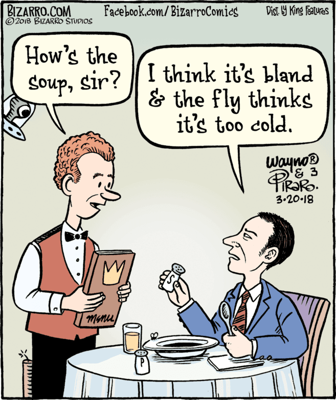 Tableware OCR: BIZARRO.COM © 2018 BIZARRO STUDIOS Facebook.com/BizarroComics Dist Y King Fatures How's the Soupsir? |I think it's bland & the fly thinks it's too cold. wayno® '& 3 3.20-18 Monu BIZARRO.COM © 2018 BIZARRO STUDIOS Facebook.com/BizarroComics Dist Y King Fatures How's the Soupsir? |I think it's bland & the fly thinks it's too cold. wayno® '& 3 3.20-18 Monu