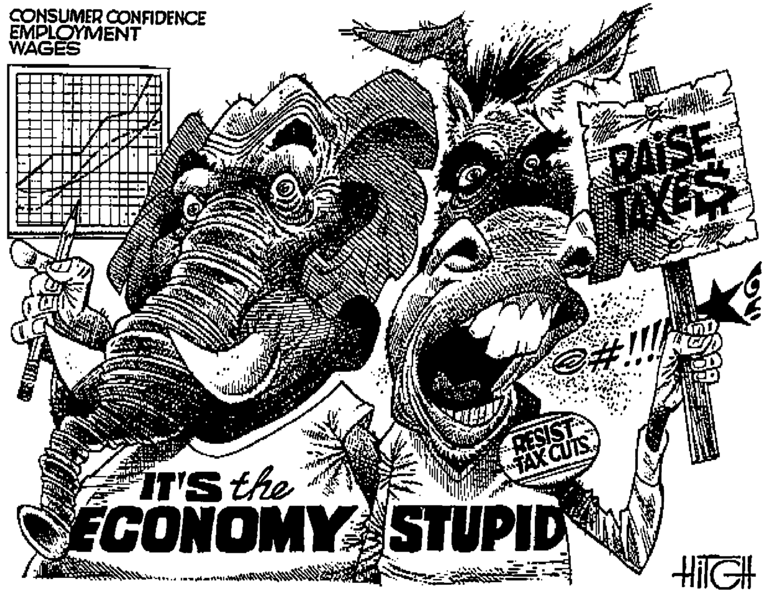 Line art OCR: CONSUMER CONFIDENCE EMPLOYMENT WAGES RAISE TES RESIST TAX CUIS IT'S the ECONOMY STUPID HITGH CONSUMER CONFIDENCE EMPLOYMENT WAGES RAISE TES RESIST TAX CUIS IT'S the ECONOMY STUPID HITGH