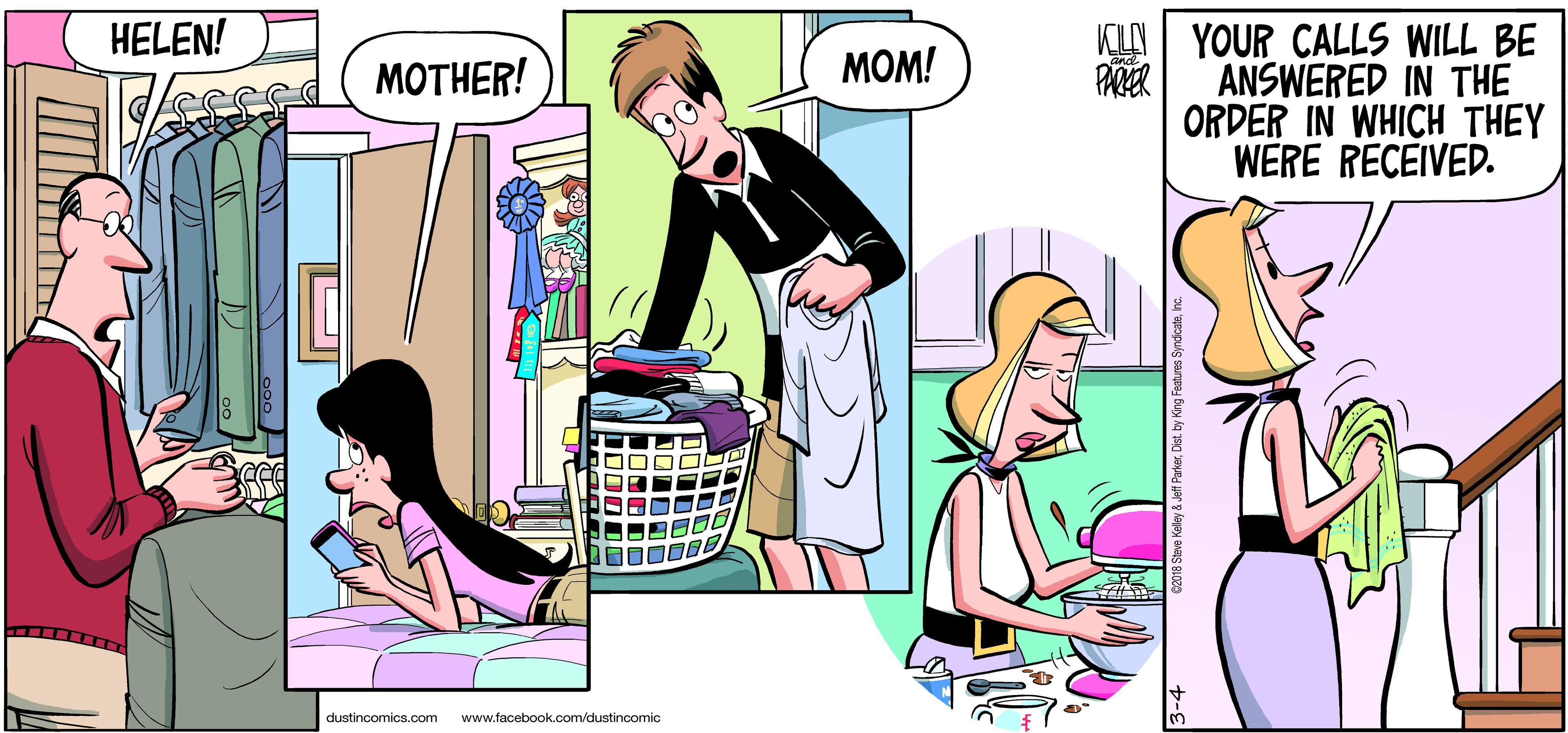 Illustration OCR: KLAN YOUR CALLS WILL BE PARER HELEN! MOTHER! MOM! ANSWERED IN THE ORDER IN WHICH THEY WERE RECEIVED. dustincomics.com www.facebook.com/dustincomic KLAN YOUR CALLS WILL BE PARER HELEN! MOTHER! MOM! ANSWERED IN THE ORDER IN WHICH THEY WERE RECEIVED. dustincomics.com www.facebook.com/dustincomic